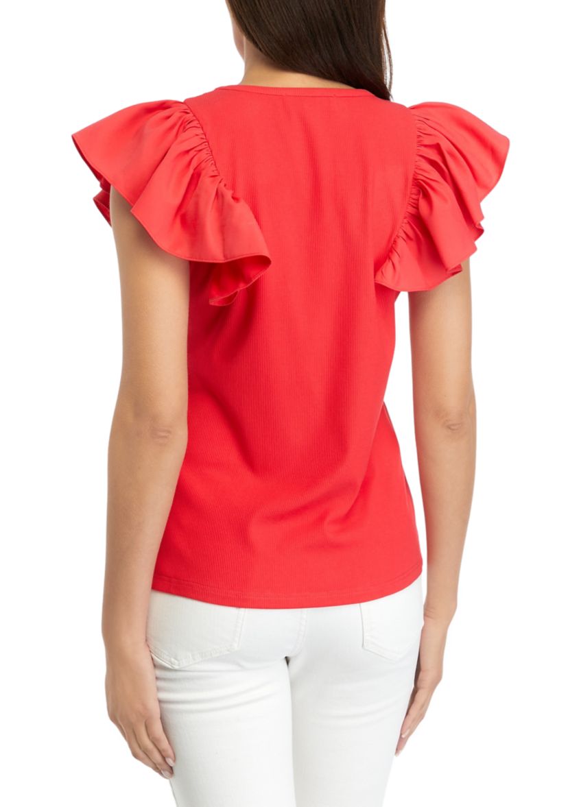 Womens Ruffle Sleeve V-Neck Mixed Media Knit Top