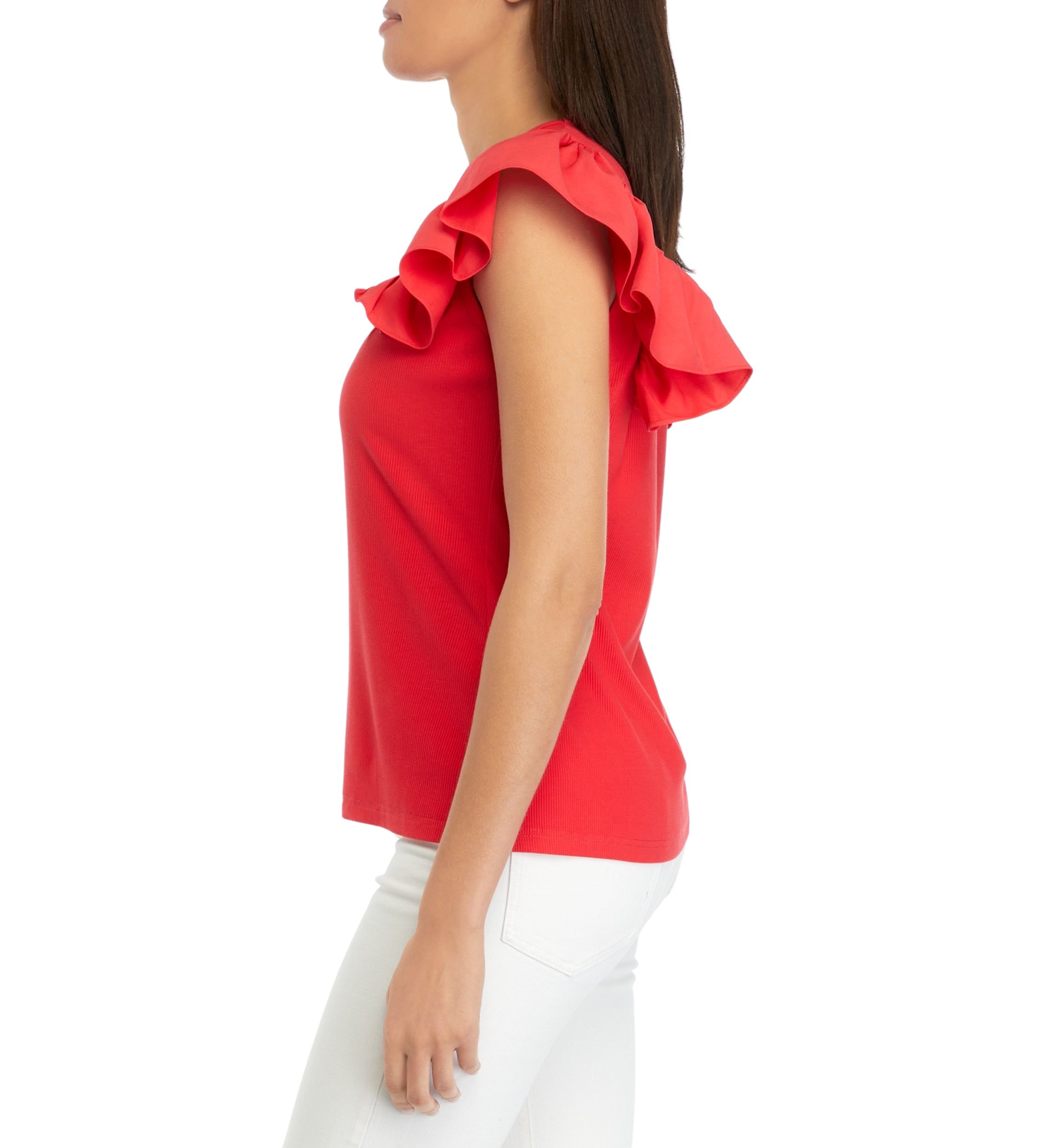 Womens Ruffle Sleeve V-Neck Mixed Media Knit Top