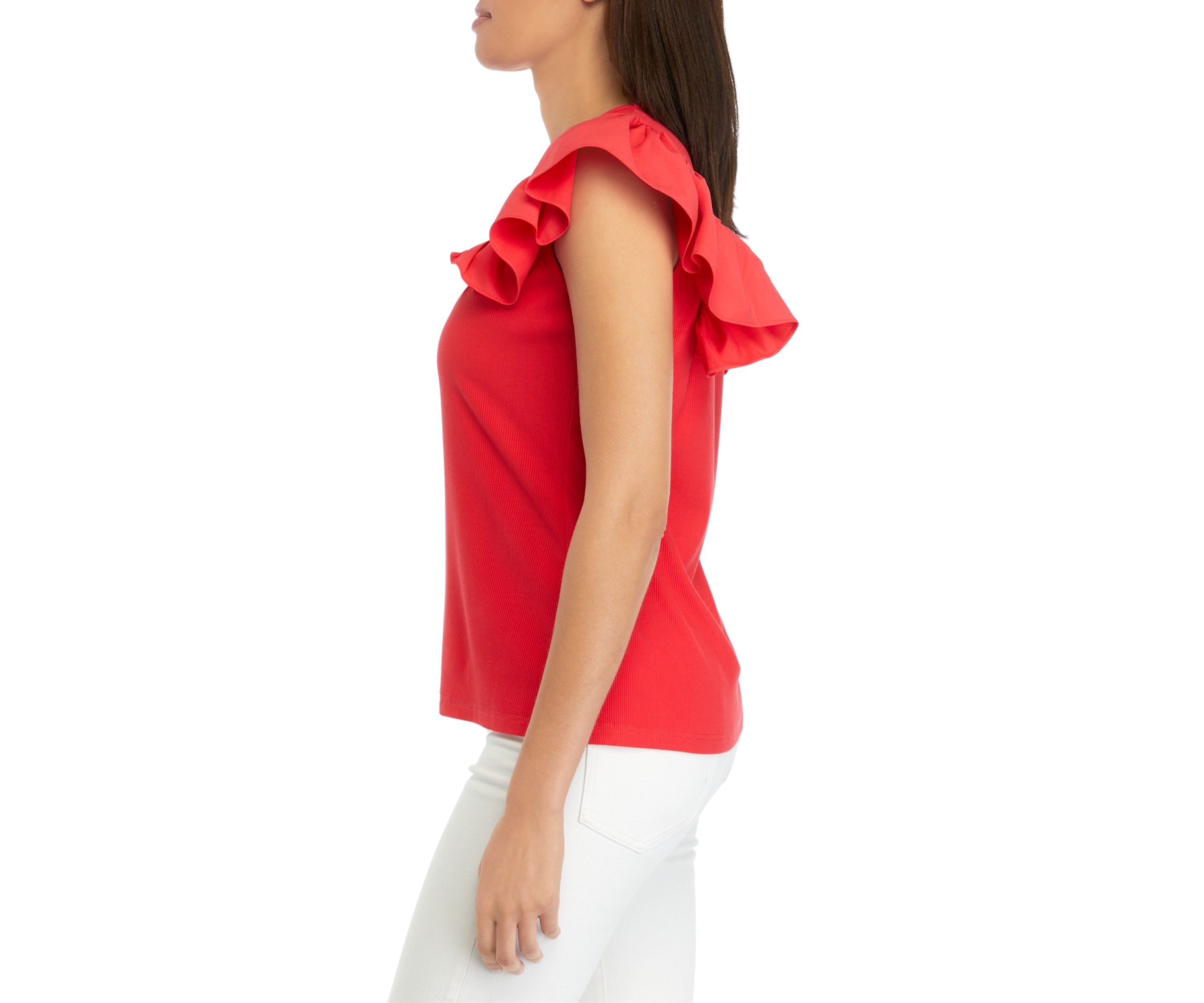Womens Ruffle Sleeve V-Neck Mixed Media Knit Top