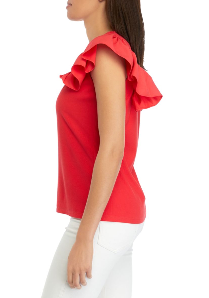 Womens Ruffle Sleeve V-Neck Mixed Media Knit Top