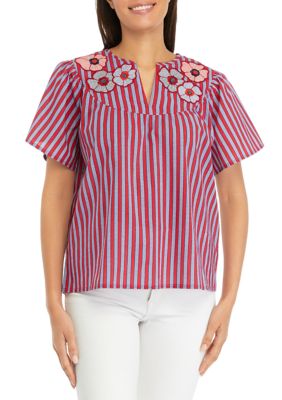 PHILOSOPHY BY REPUBLIC Women's Short Sleeve Stripe Embroidered Peasant Top
