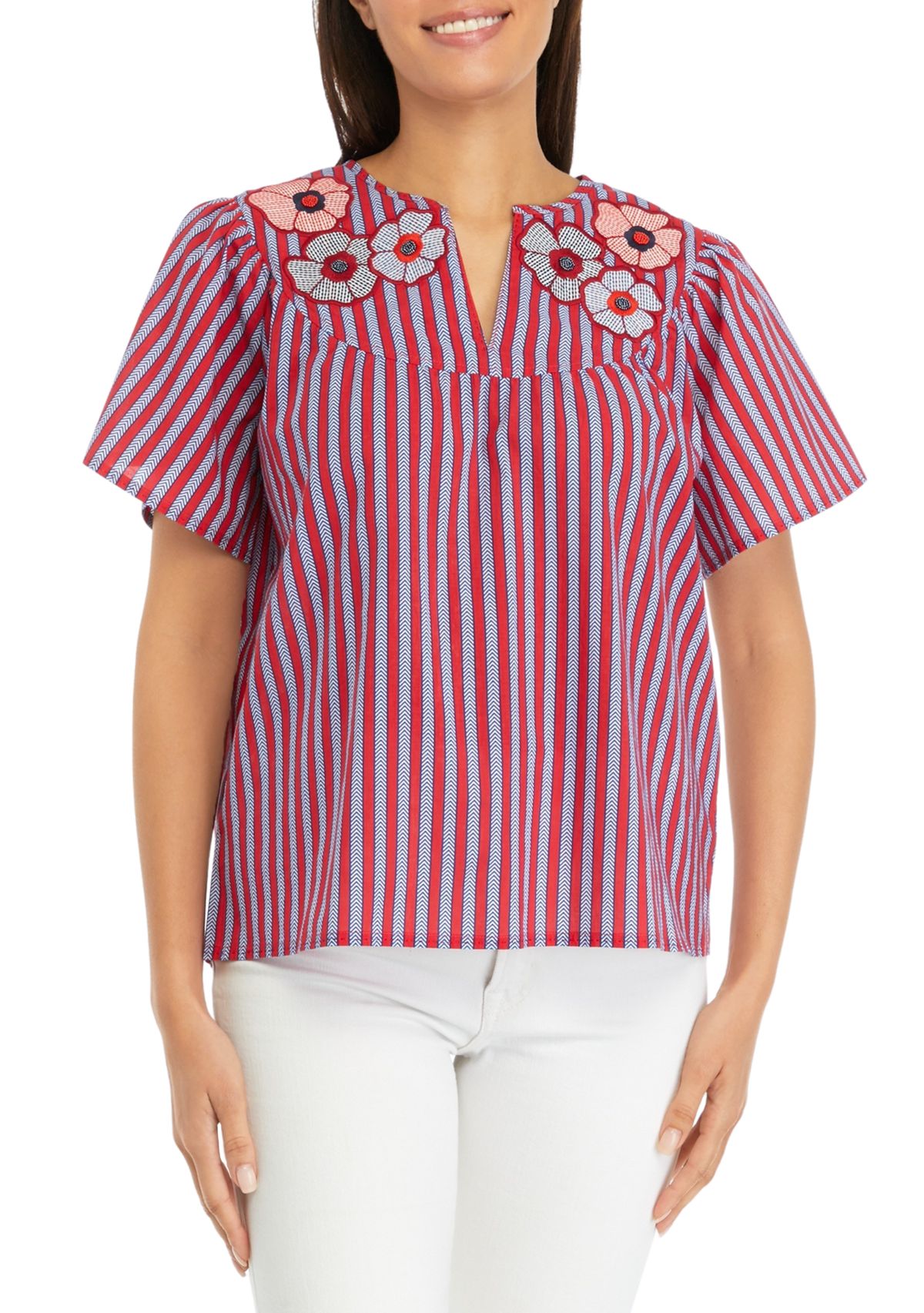 Womens Short Sleeve Stripe Embroidered Peasant Top