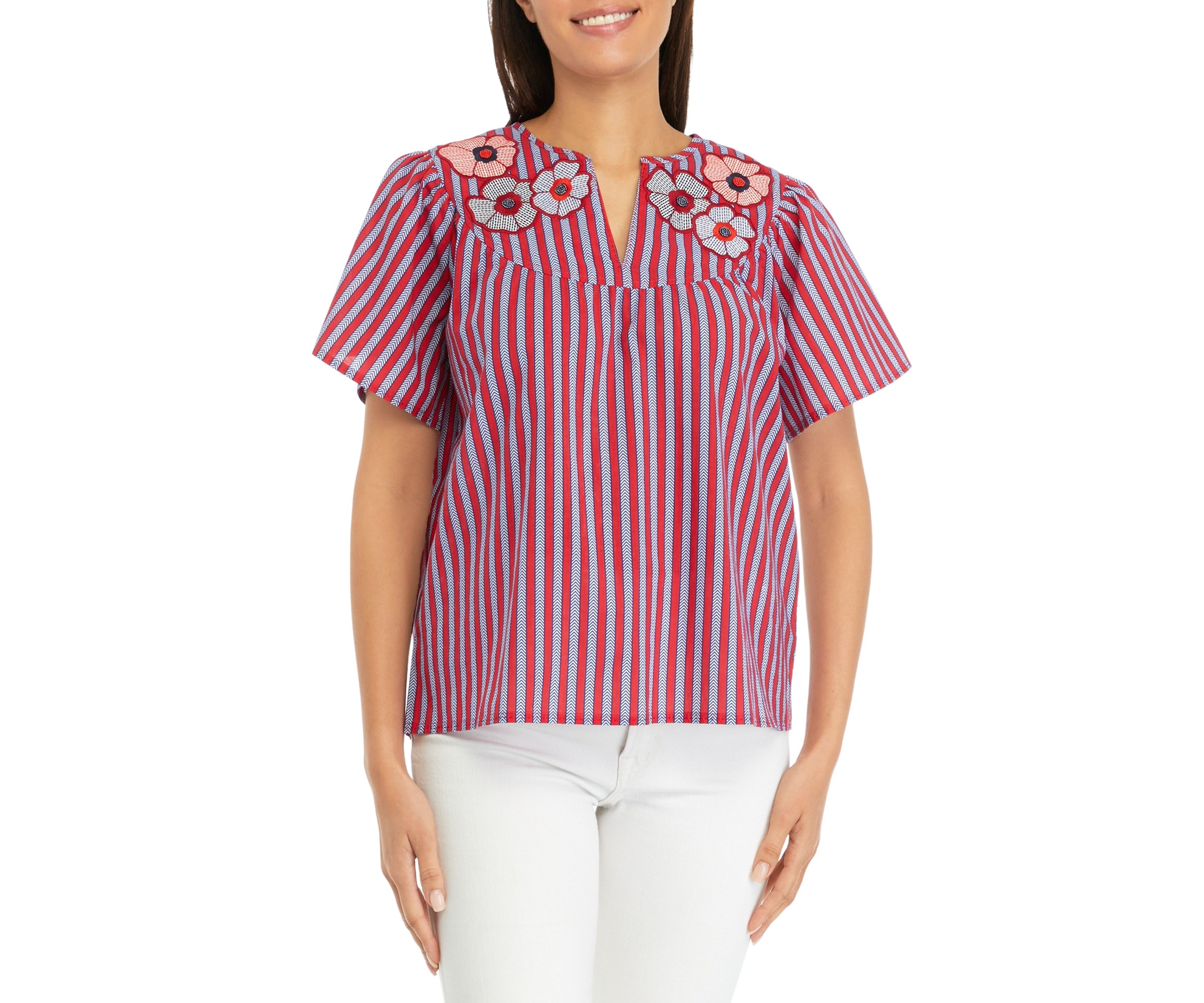 Womens Short Sleeve Stripe Embroidered Peasant Top