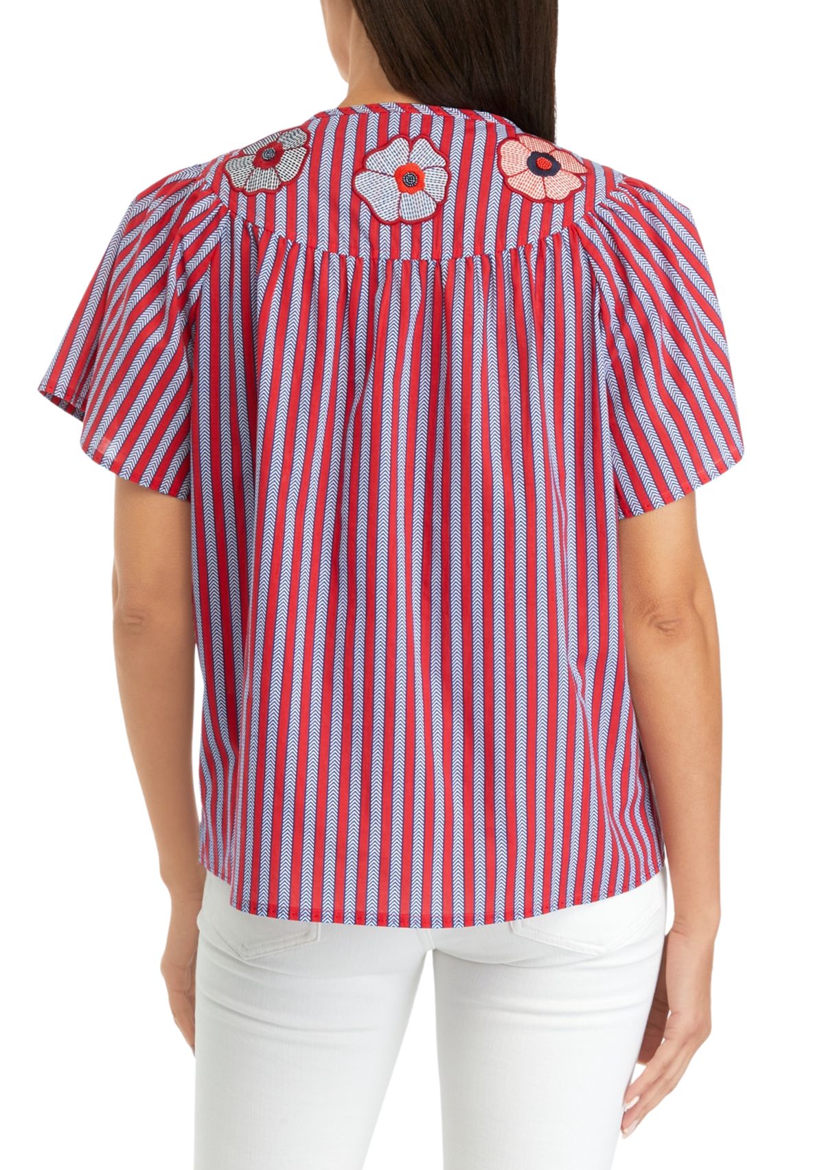 Womens Short Sleeve Stripe Embroidered Peasant Top