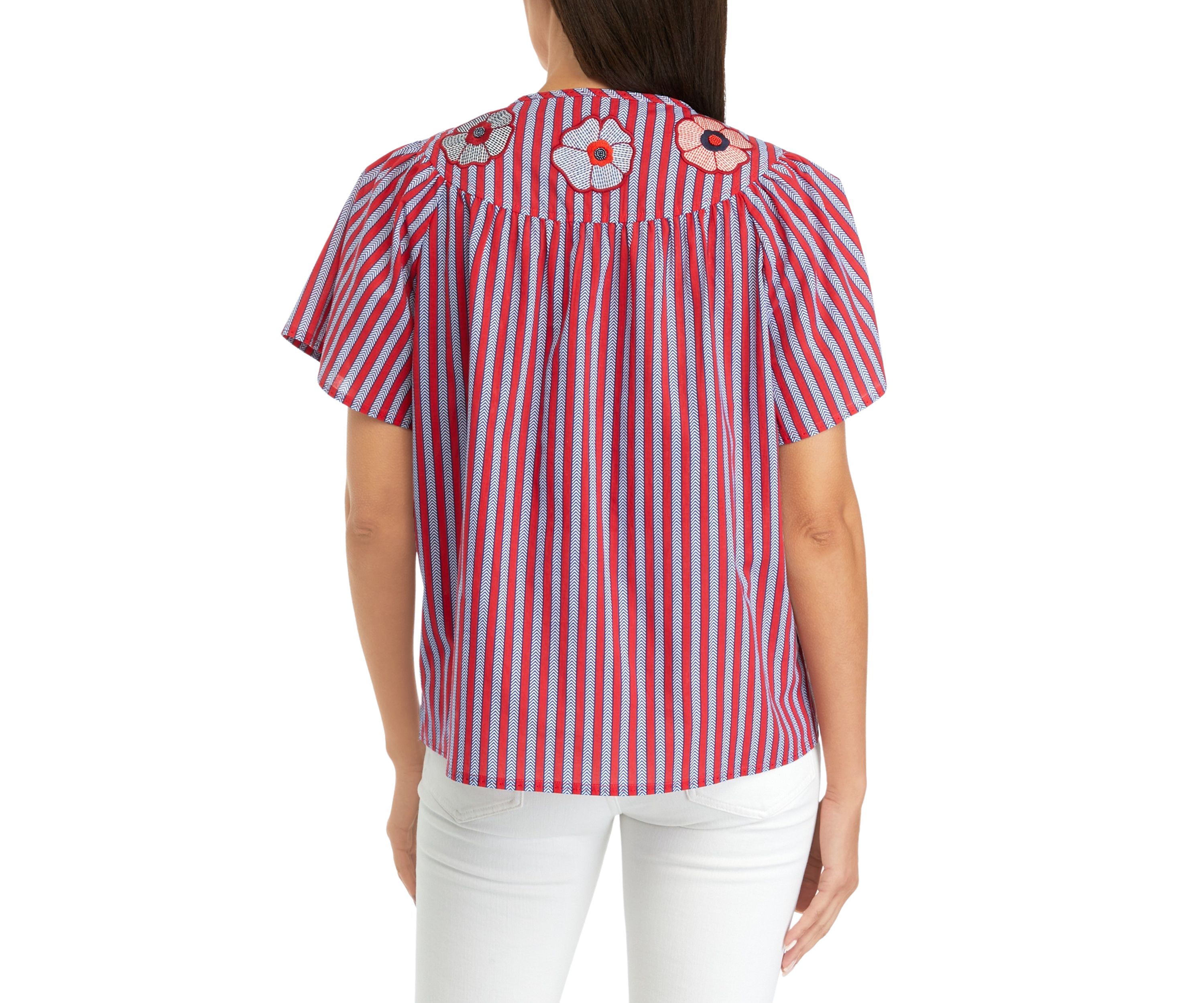 Womens Short Sleeve Stripe Embroidered Peasant Top