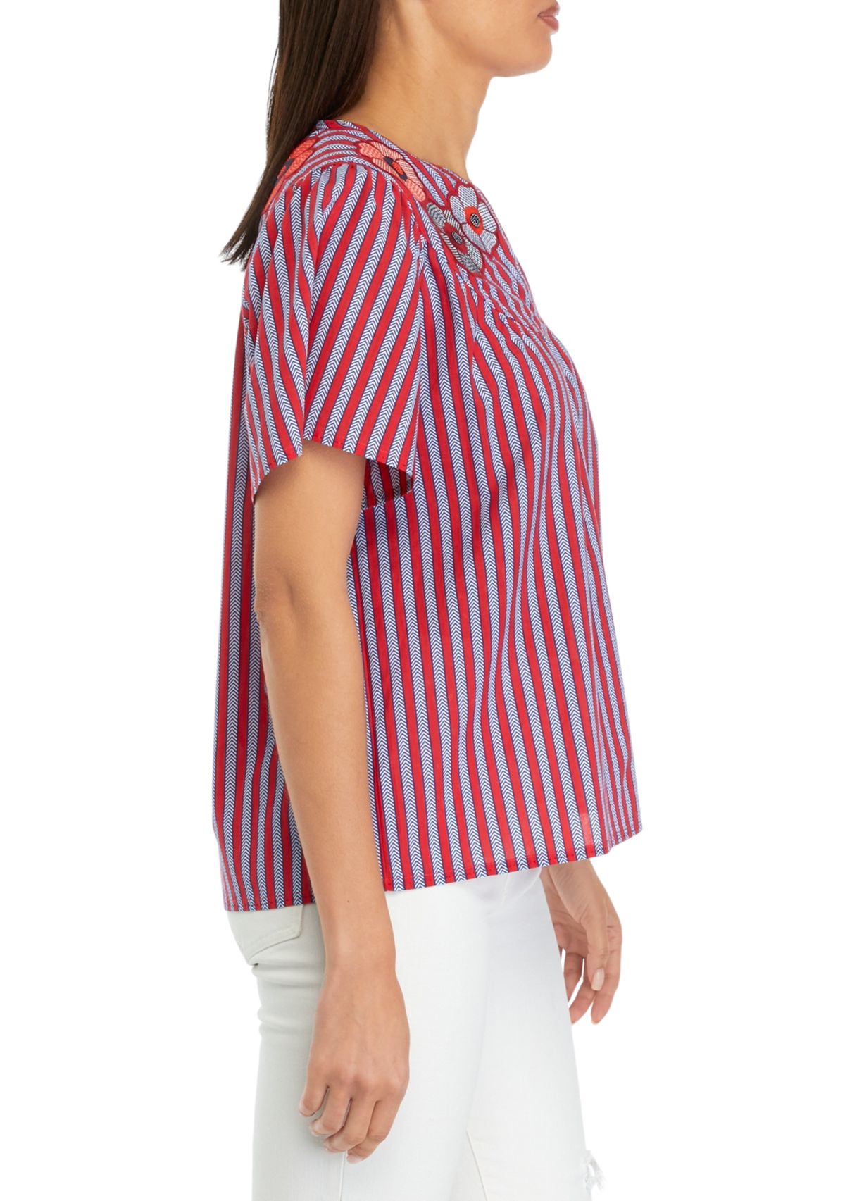Womens Short Sleeve Stripe Embroidered Peasant Top