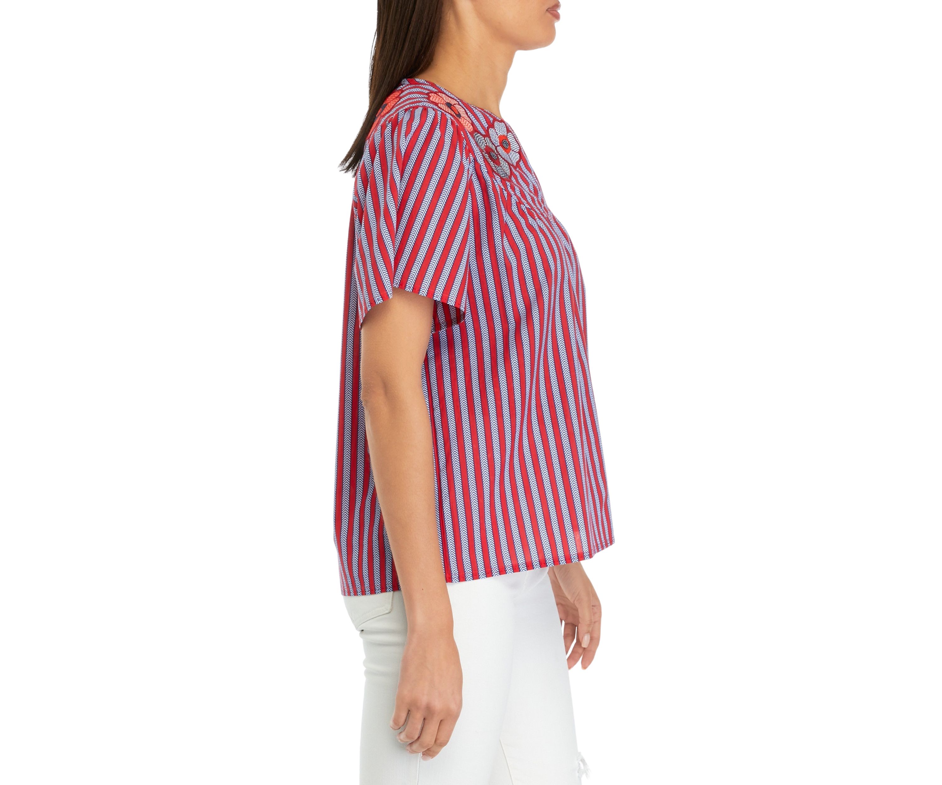 Womens Short Sleeve Stripe Embroidered Peasant Top