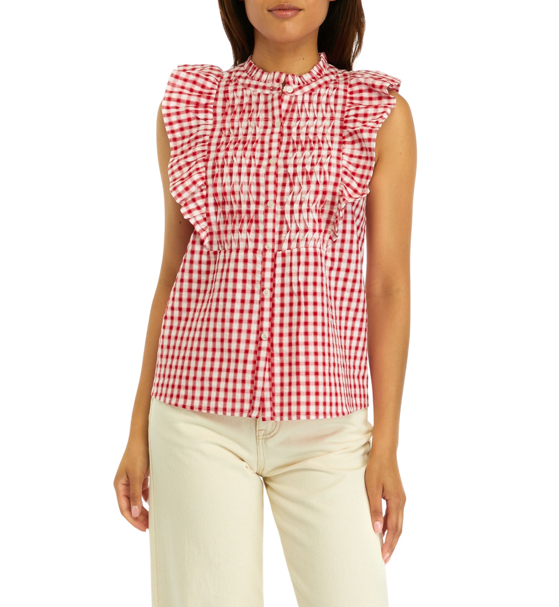 Womens Ruffle Sleeve Gingham Shirt