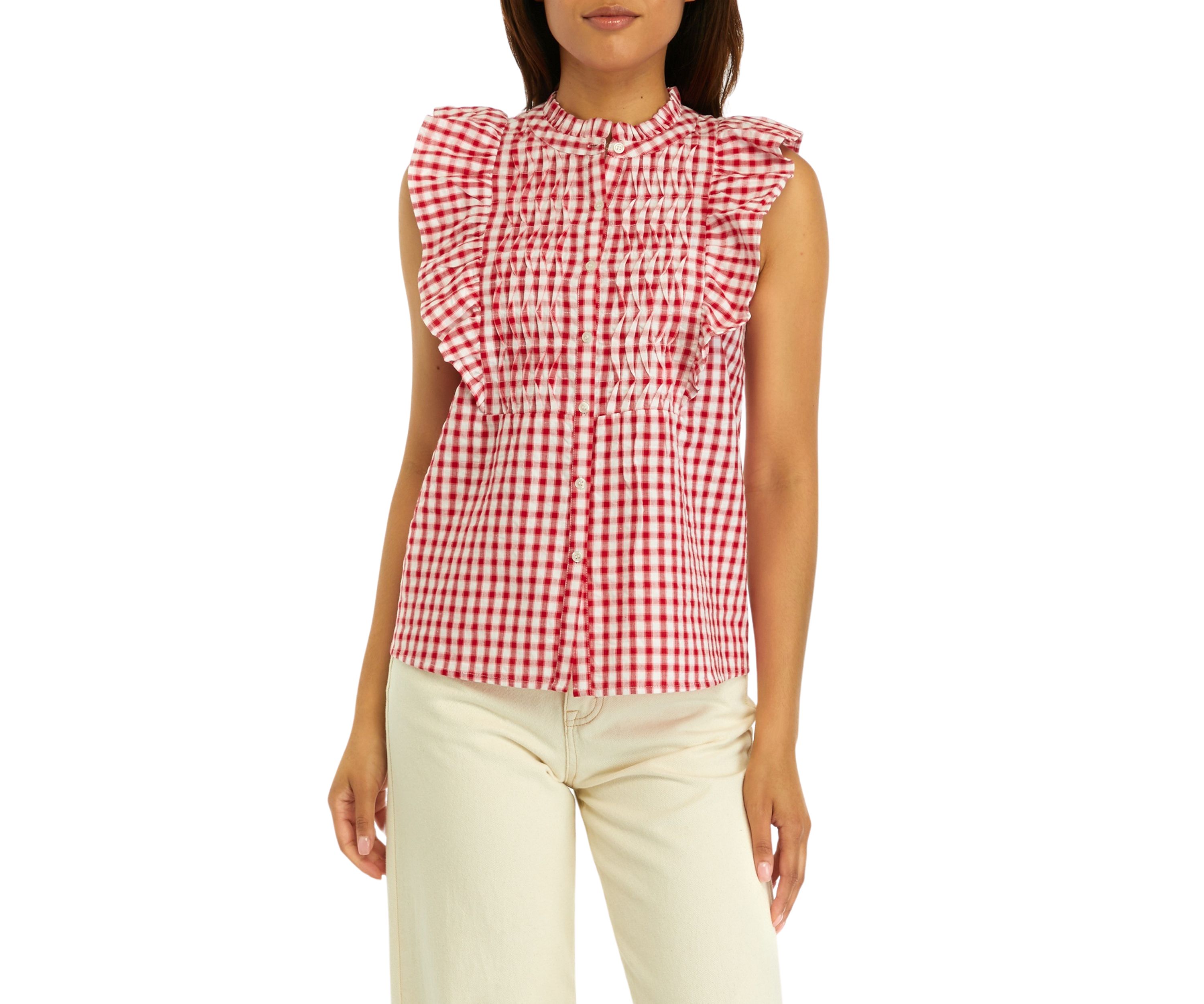 Womens Ruffle Sleeve Gingham Shirt