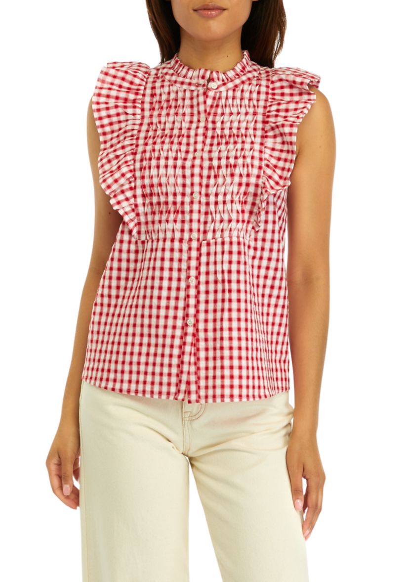 Womens Ruffle Sleeve Gingham Shirt
