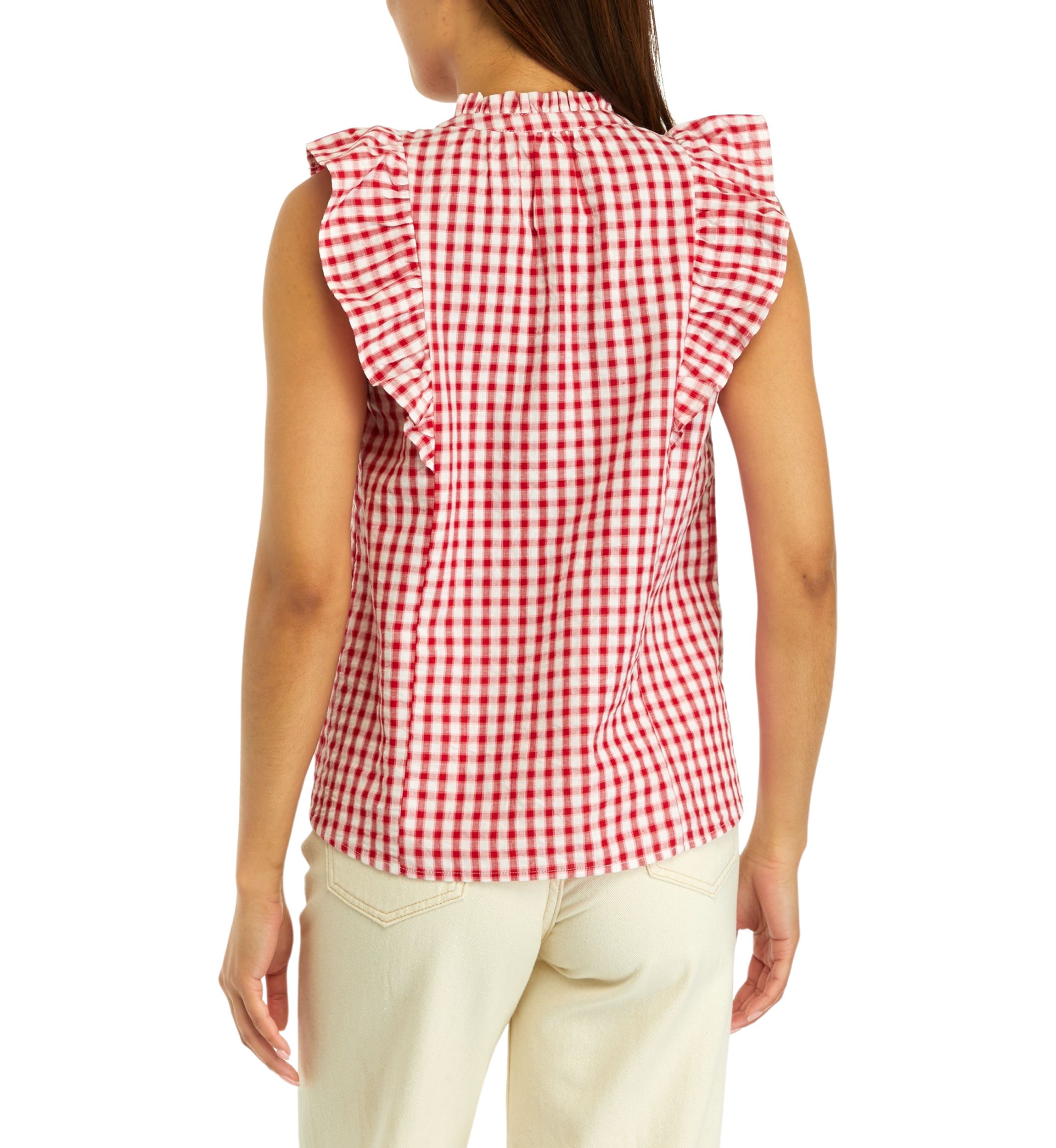 Womens Ruffle Sleeve Gingham Shirt