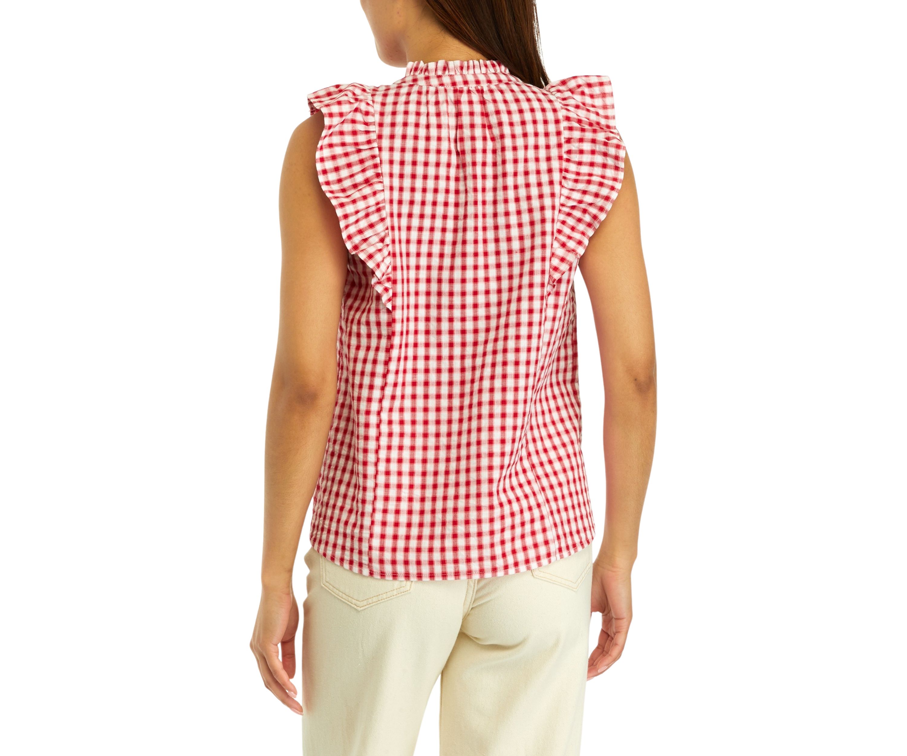 Womens Ruffle Sleeve Gingham Shirt