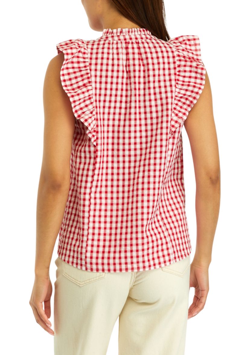 Womens Ruffle Sleeve Gingham Shirt