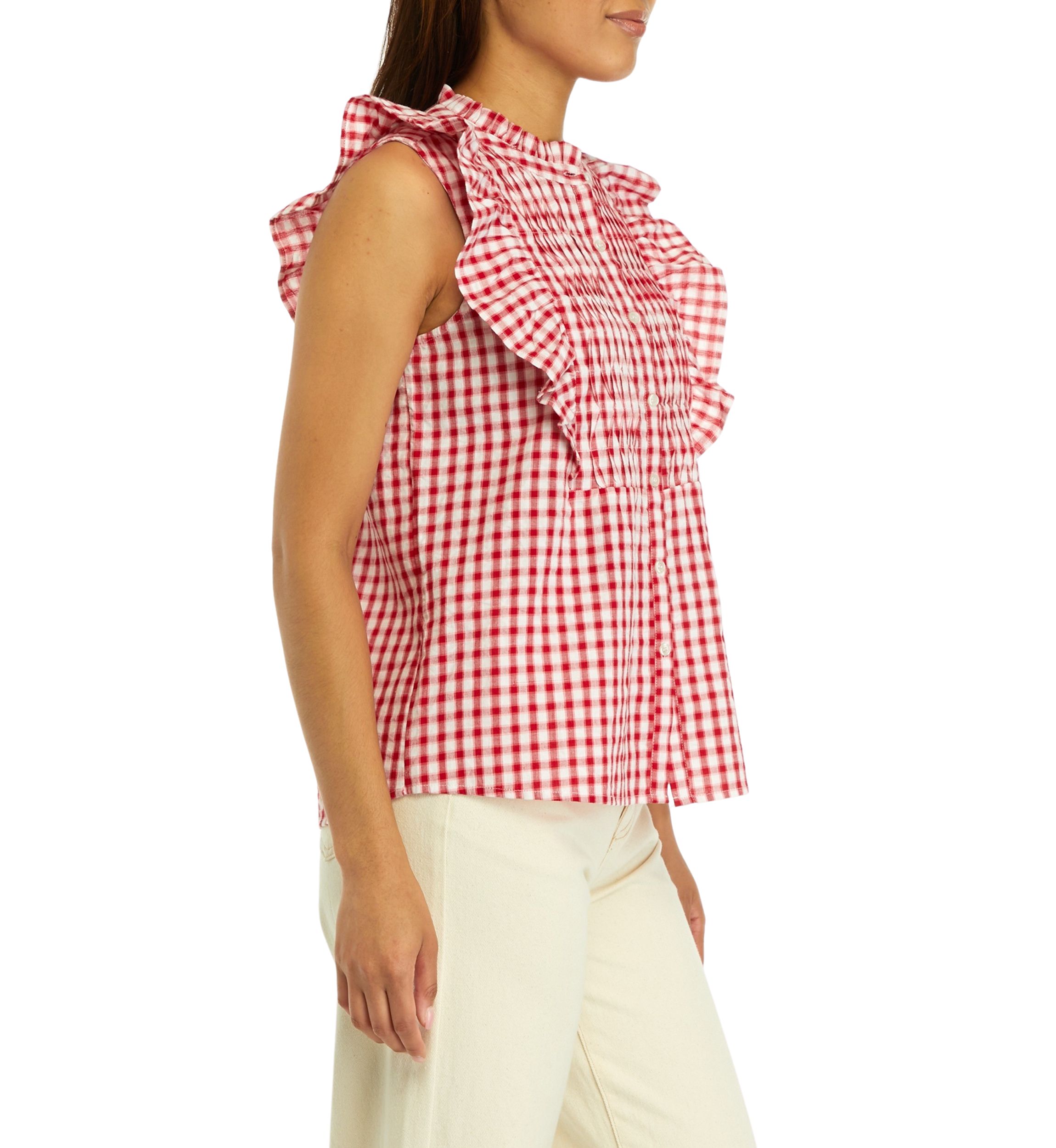 Womens Ruffle Sleeve Gingham Shirt