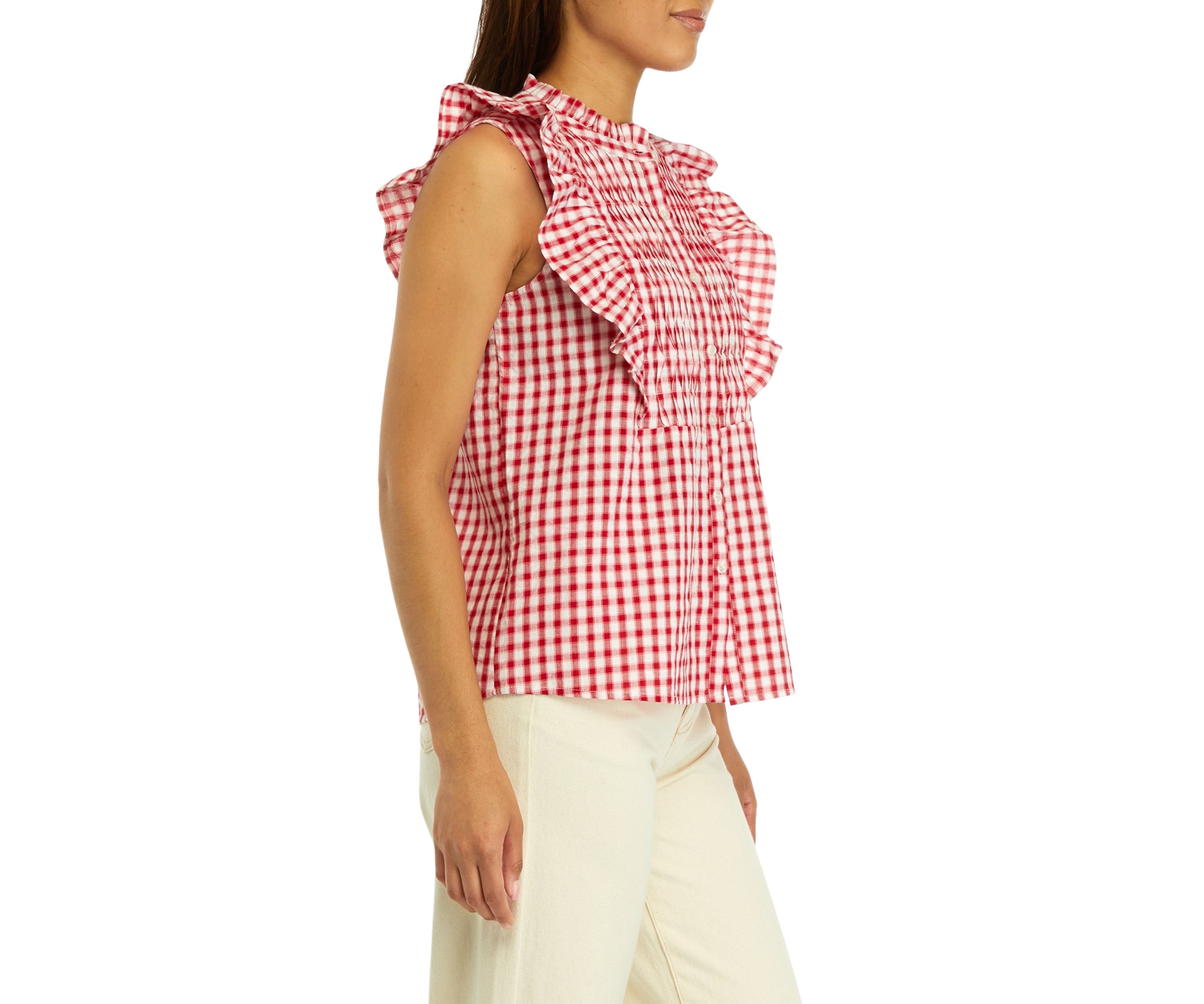 Womens Ruffle Sleeve Gingham Shirt