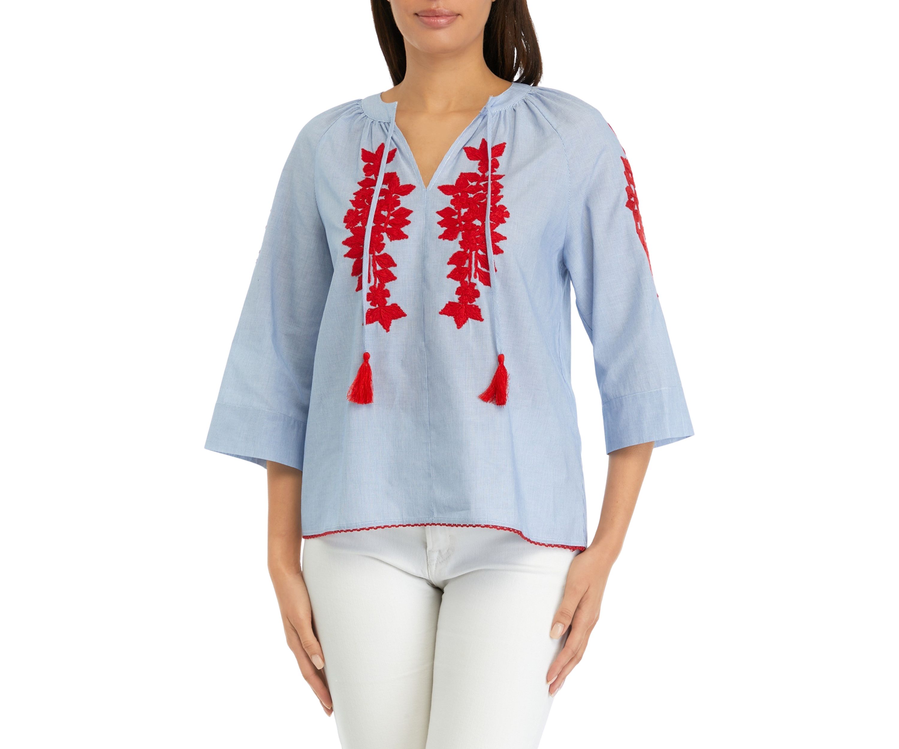 Womens 3/4 Raglan Sleeve Embroidered Peasant Top 