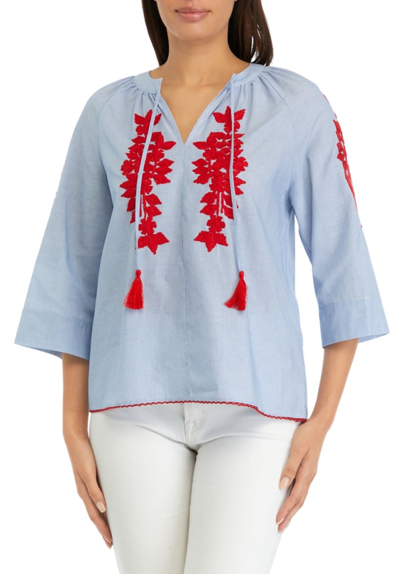 Womens 3/4 Raglan Sleeve Embroidered Peasant Top 