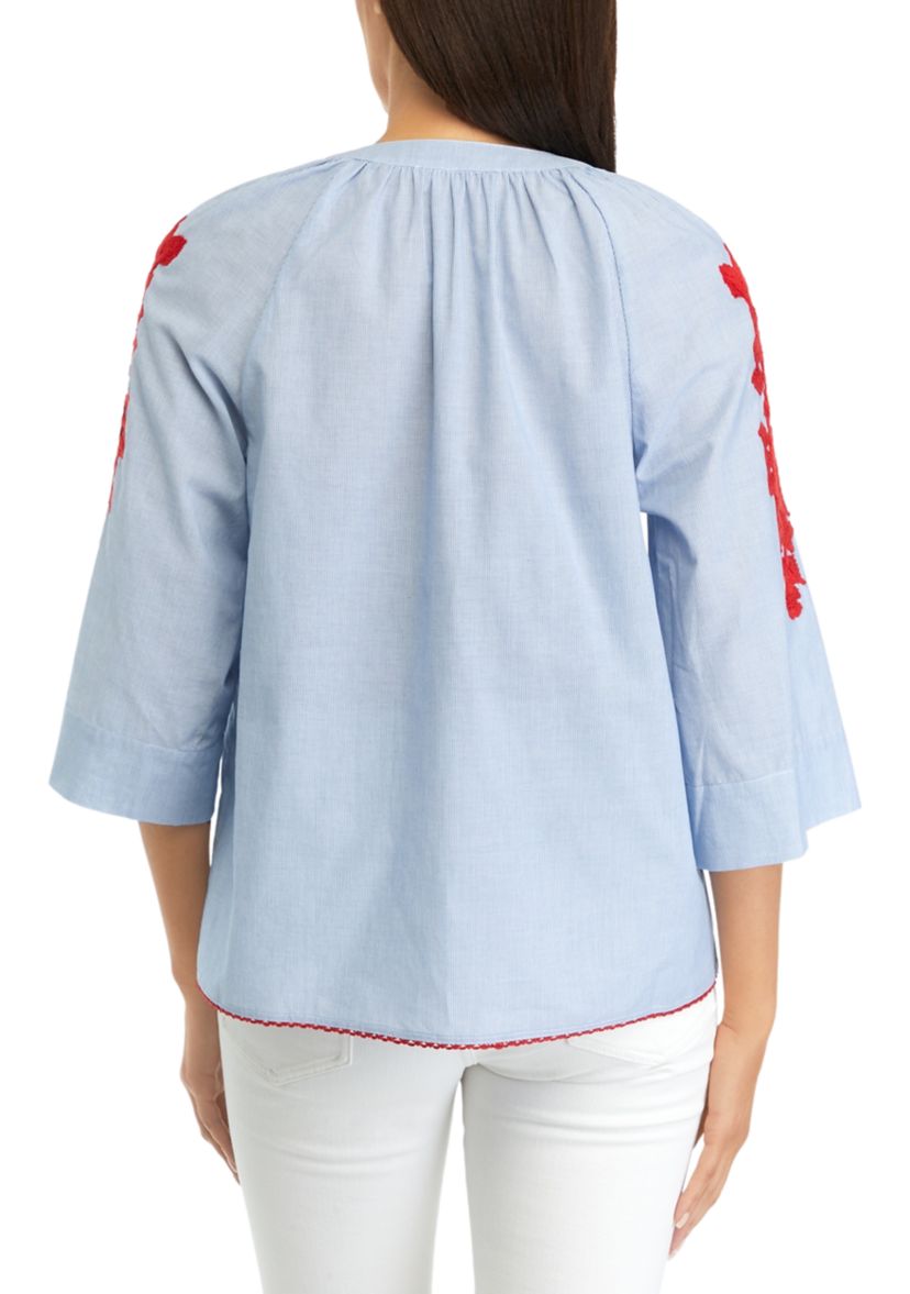 Womens 3/4 Raglan Sleeve Embroidered Peasant Top 