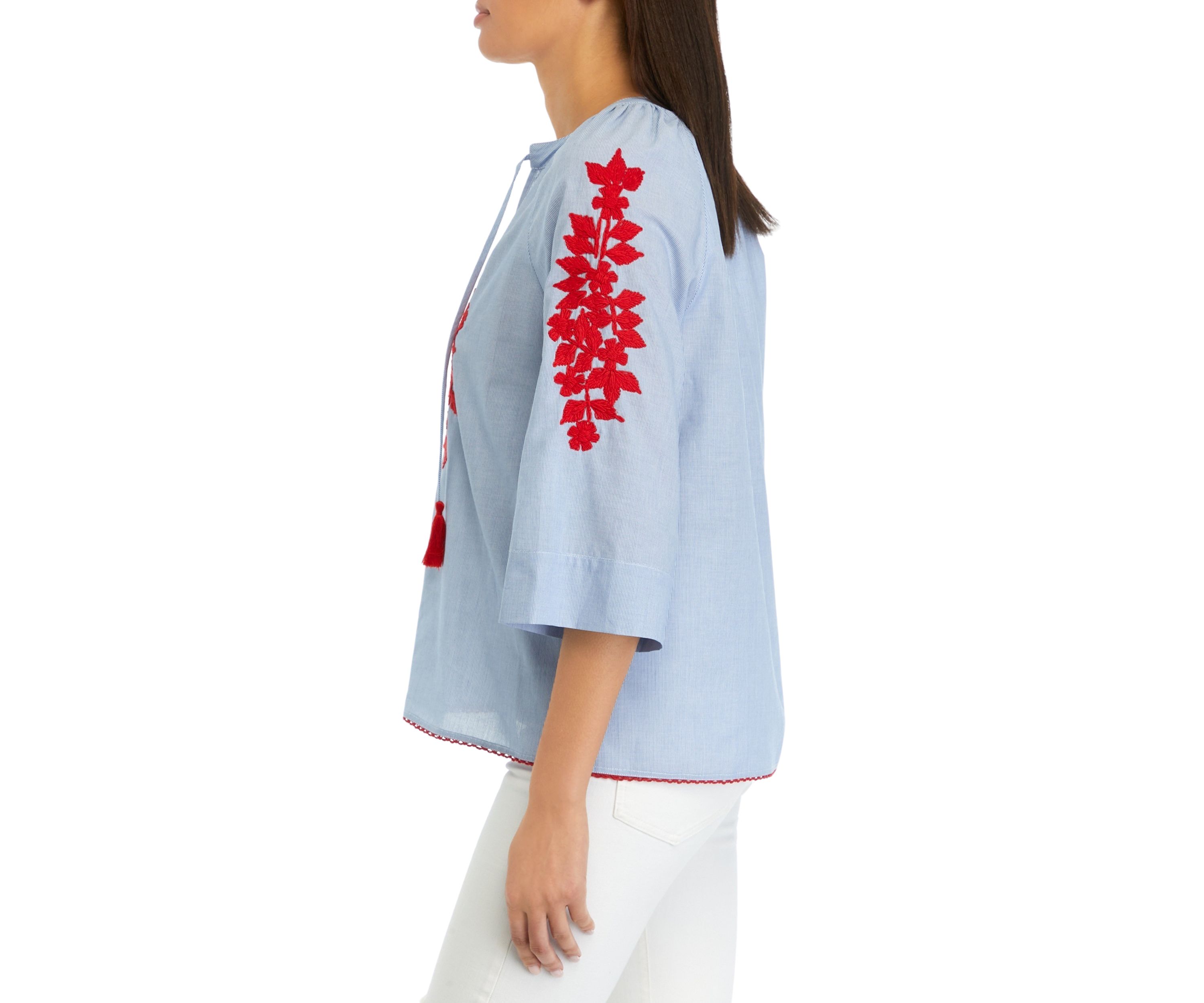 Womens 3/4 Raglan Sleeve Embroidered Peasant Top 