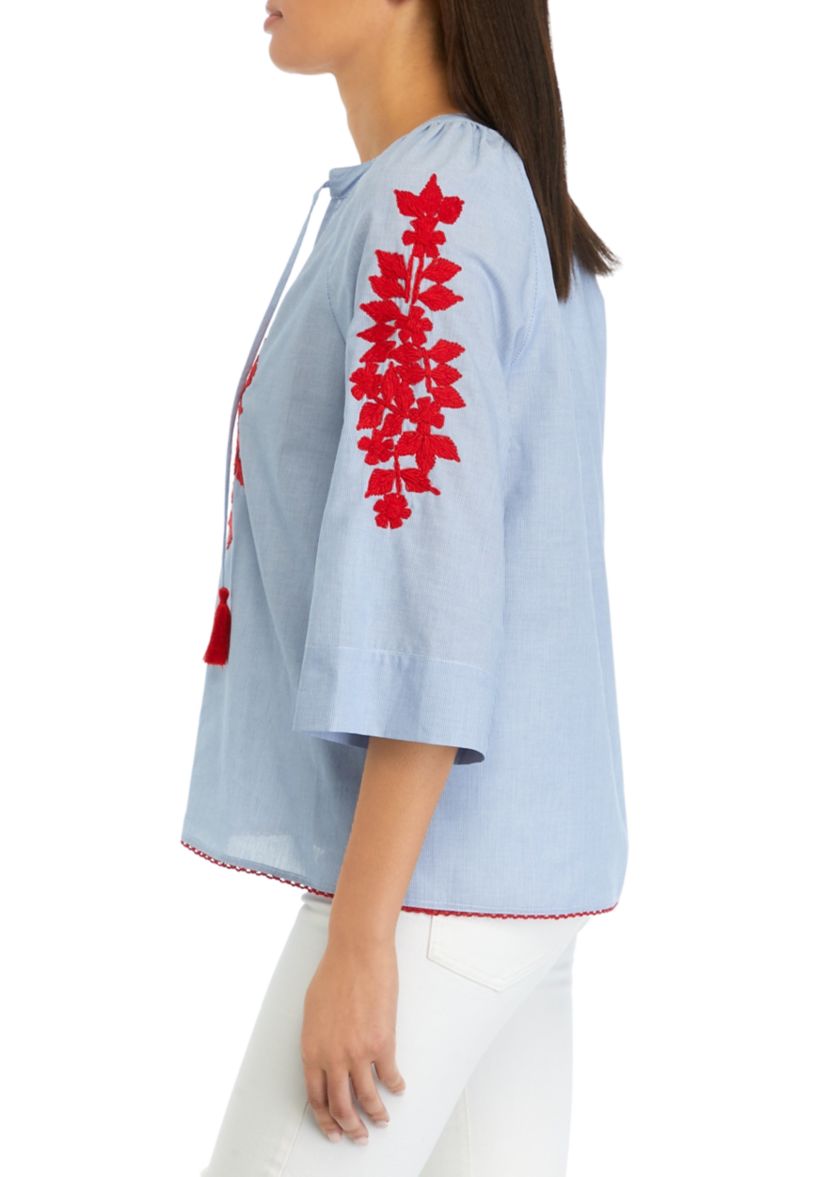 Womens 3/4 Raglan Sleeve Embroidered Peasant Top 