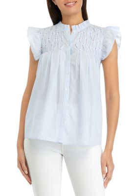 PHILOSOPHY BY REPUBLIC Women's Ruffle Embroidered Button Front Top