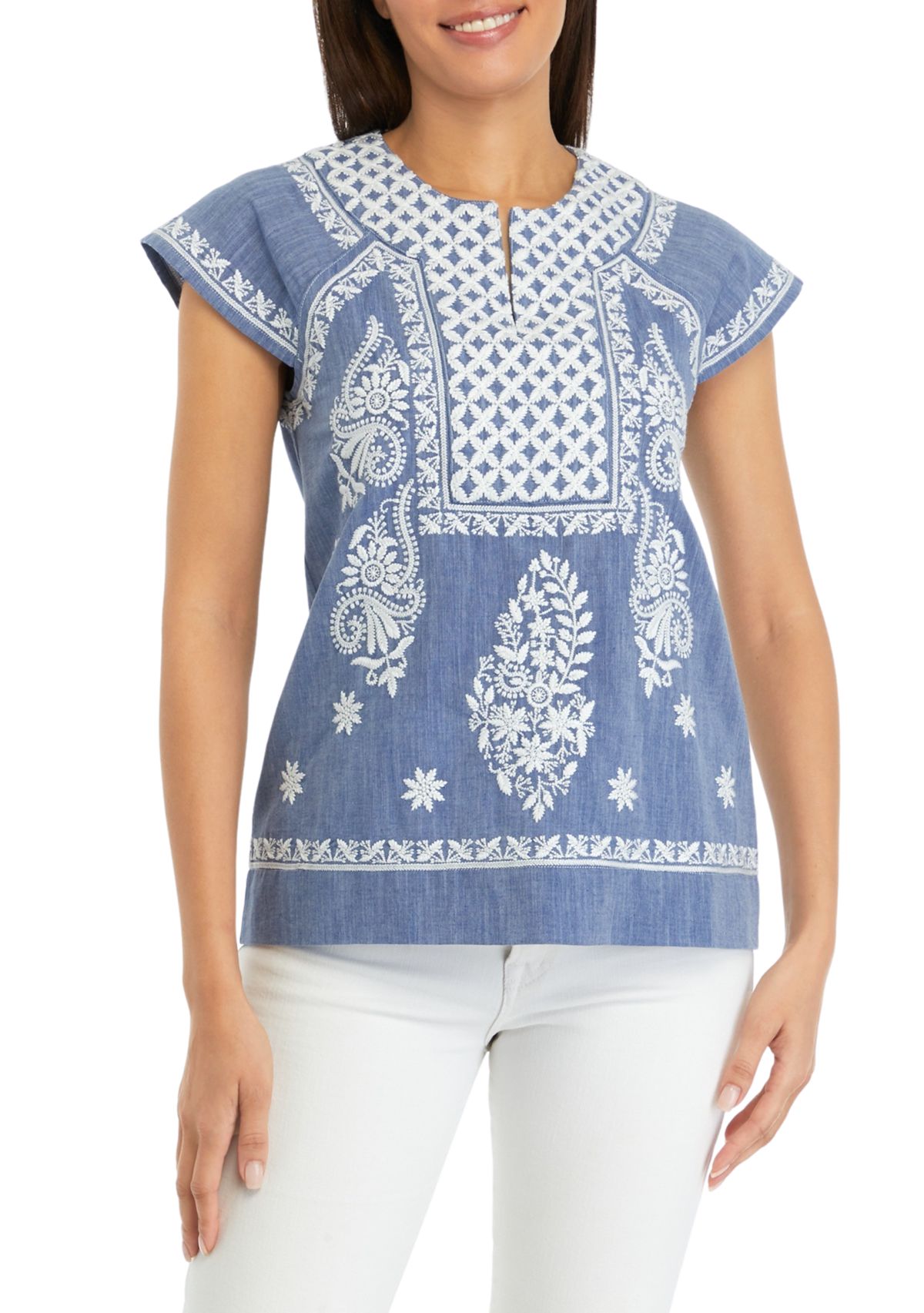 Womens Embroidered Split Neck Top