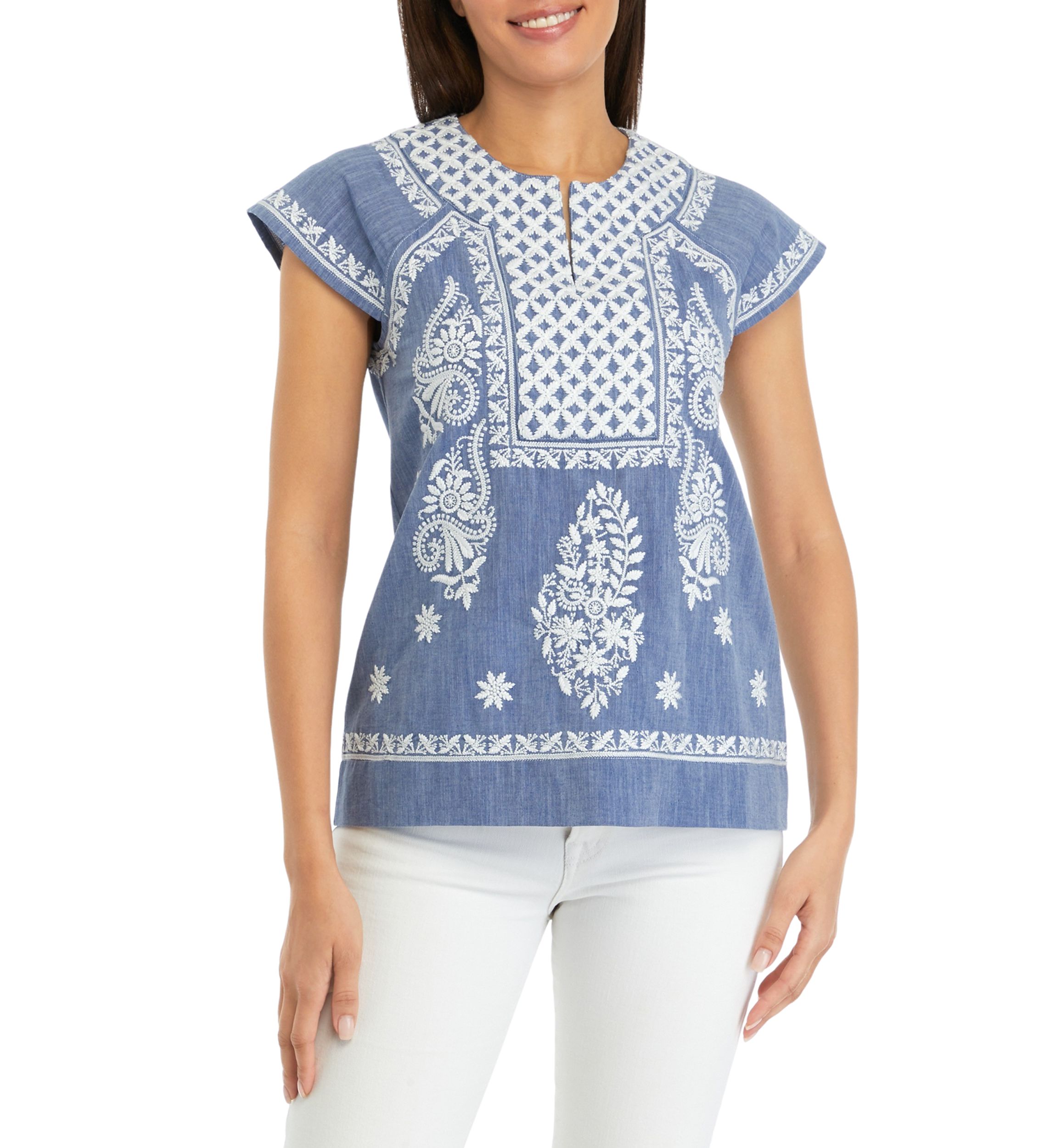 Womens Embroidered Split Neck Top