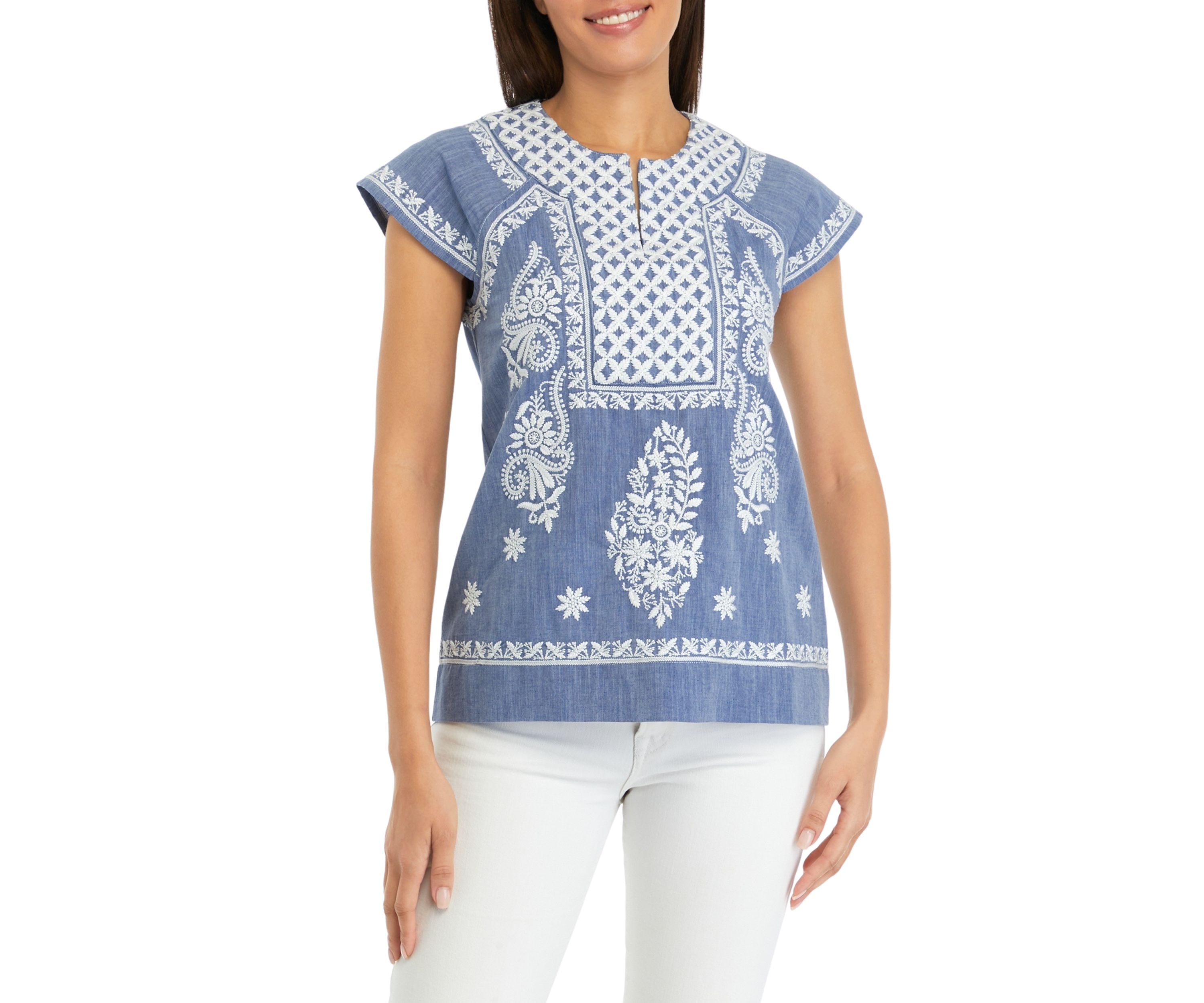 Womens Embroidered Split Neck Top
