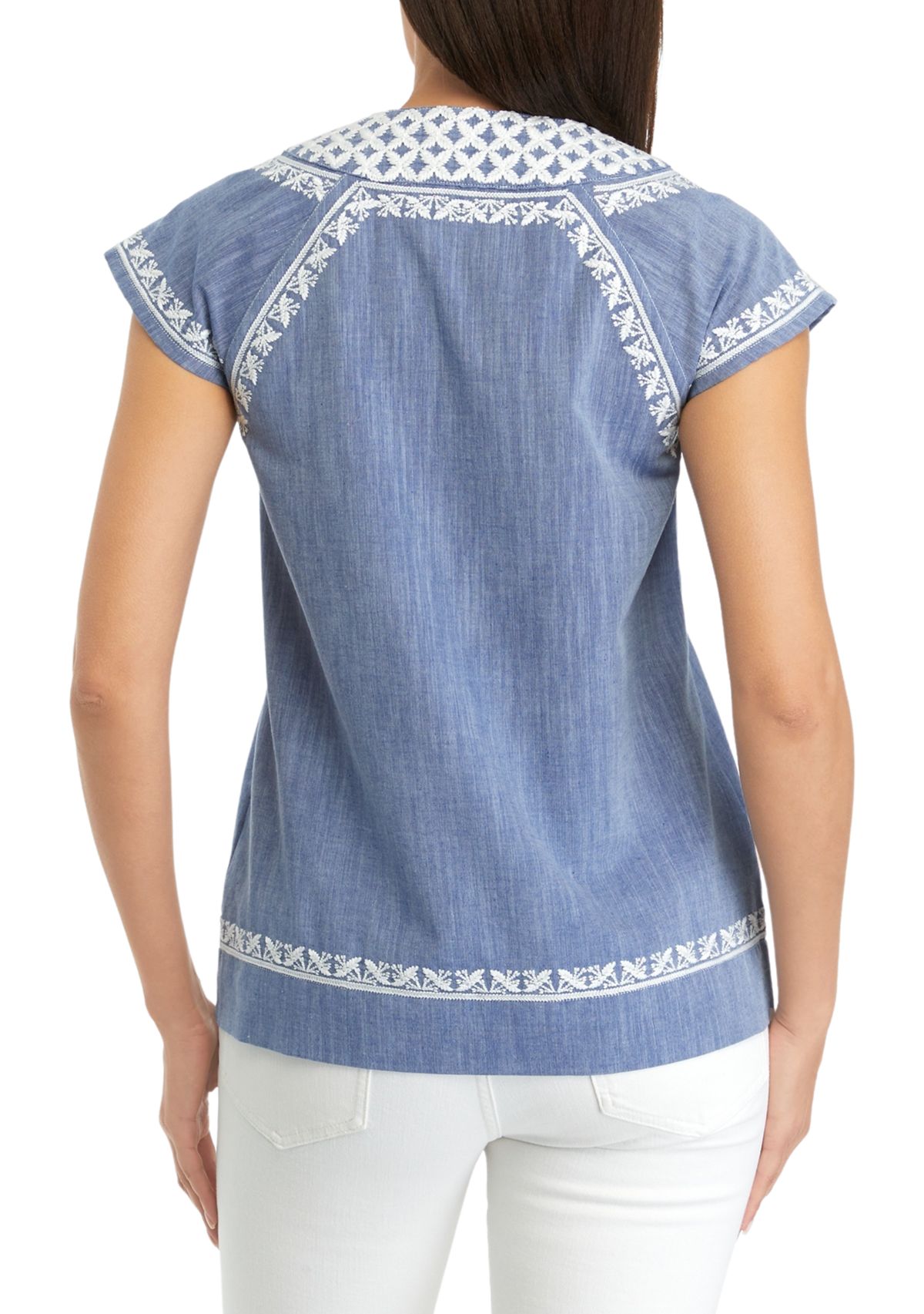 Womens Embroidered Split Neck Top