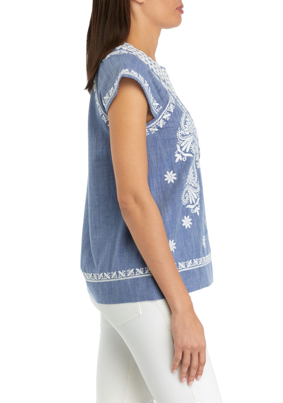 Womens Embroidered Split Neck Top