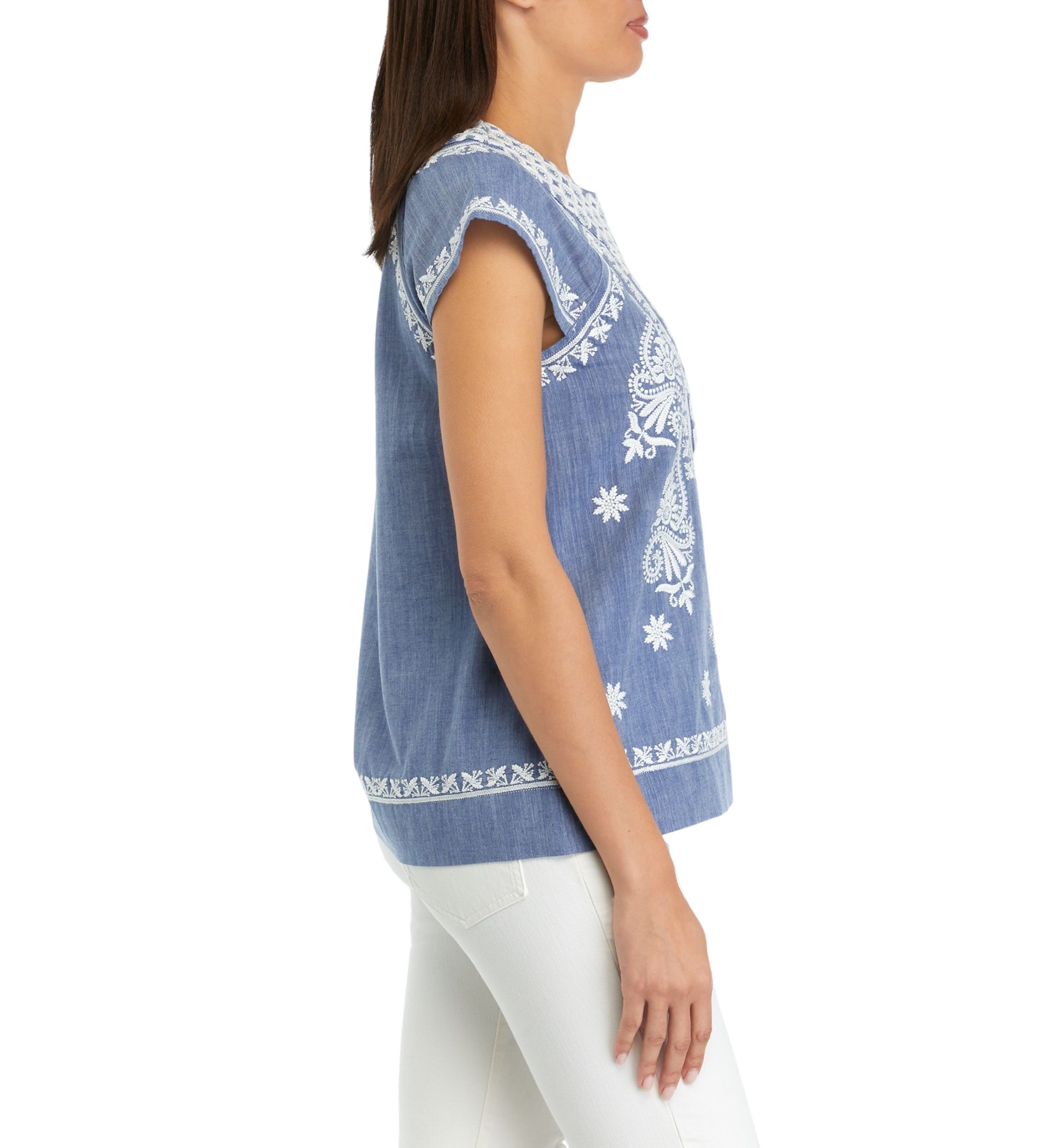 Womens Embroidered Split Neck Top