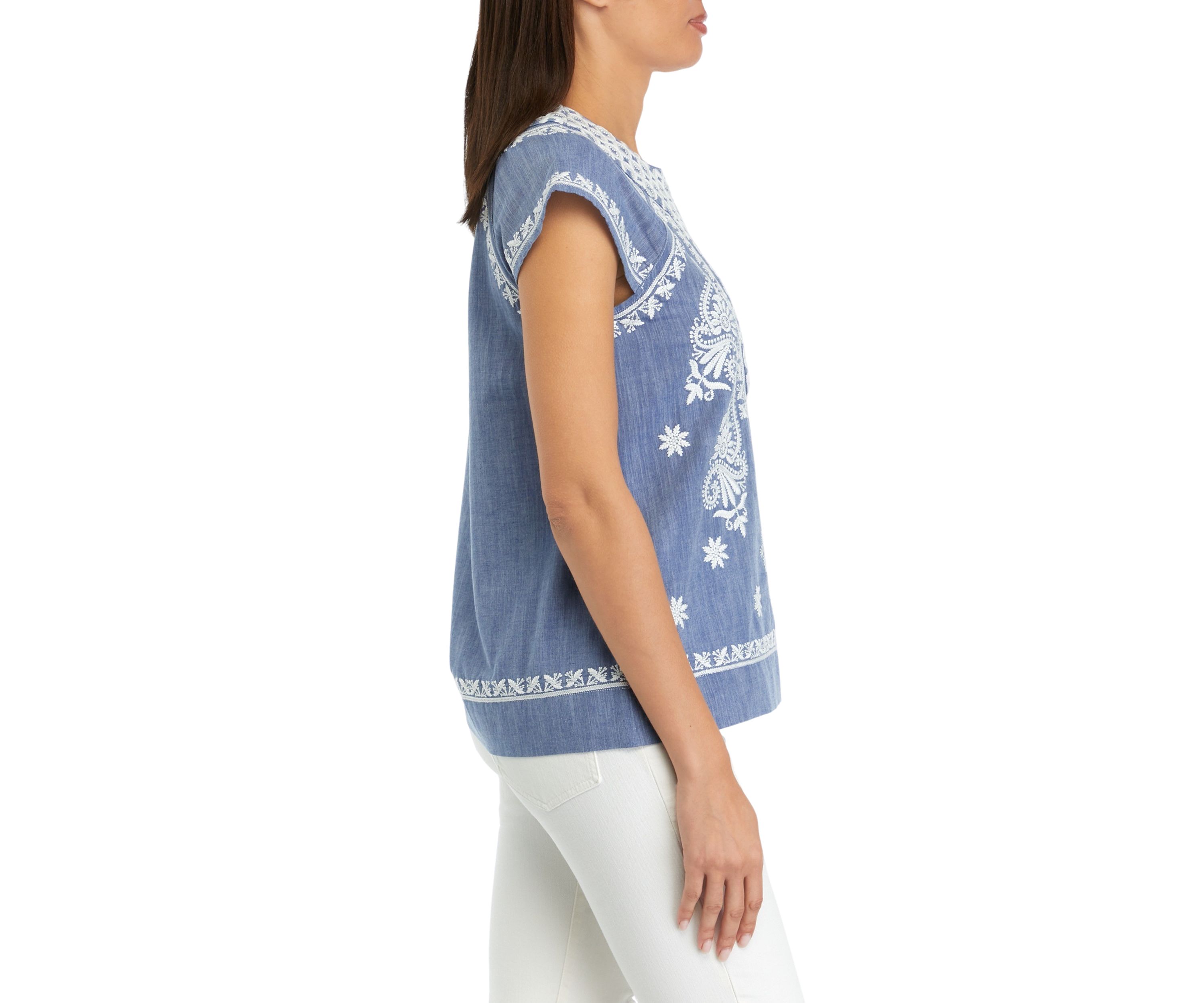 Womens Embroidered Split Neck Top