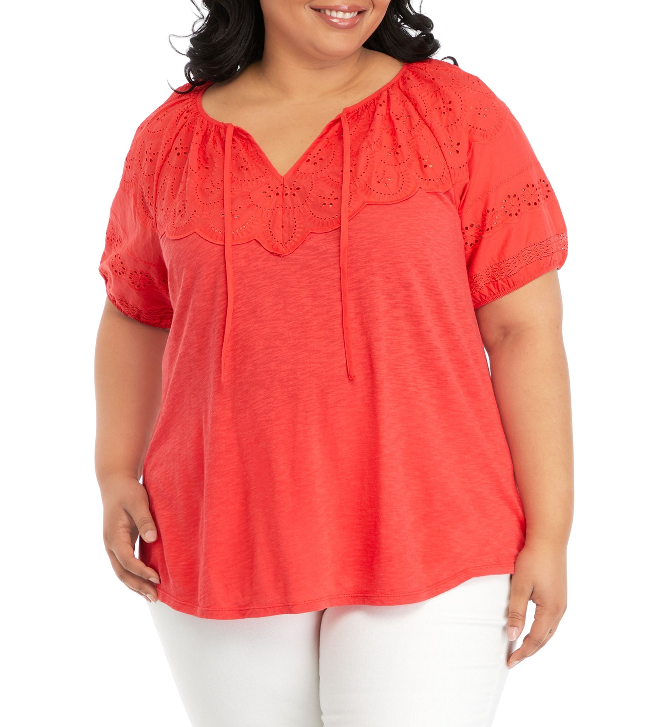 Plus Size Short Sleeve Eyelet Yoke Top