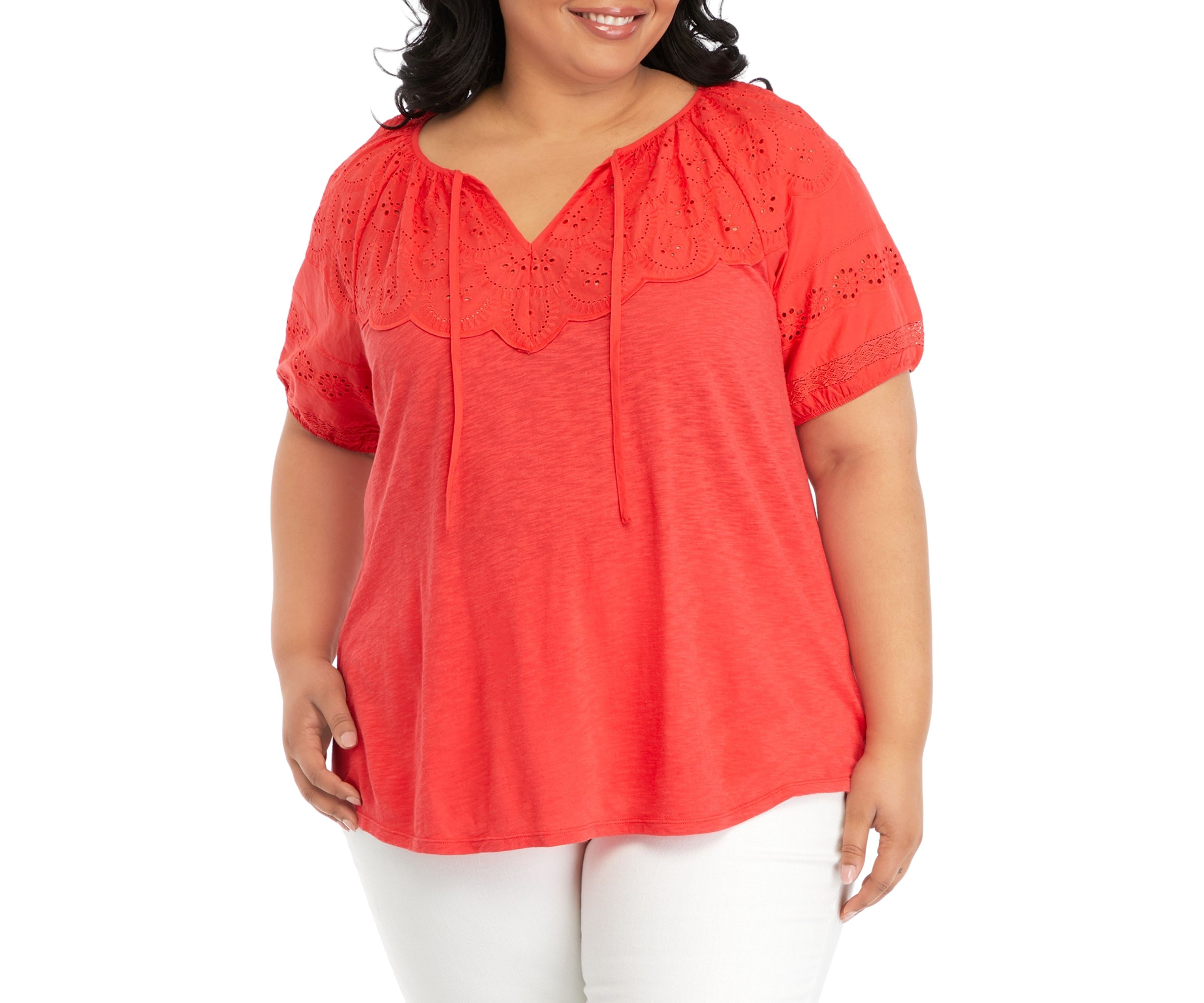 Plus Size Short Sleeve Eyelet Yoke Top