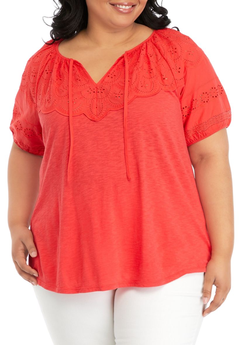 Plus Size Short Sleeve Eyelet Yoke Top