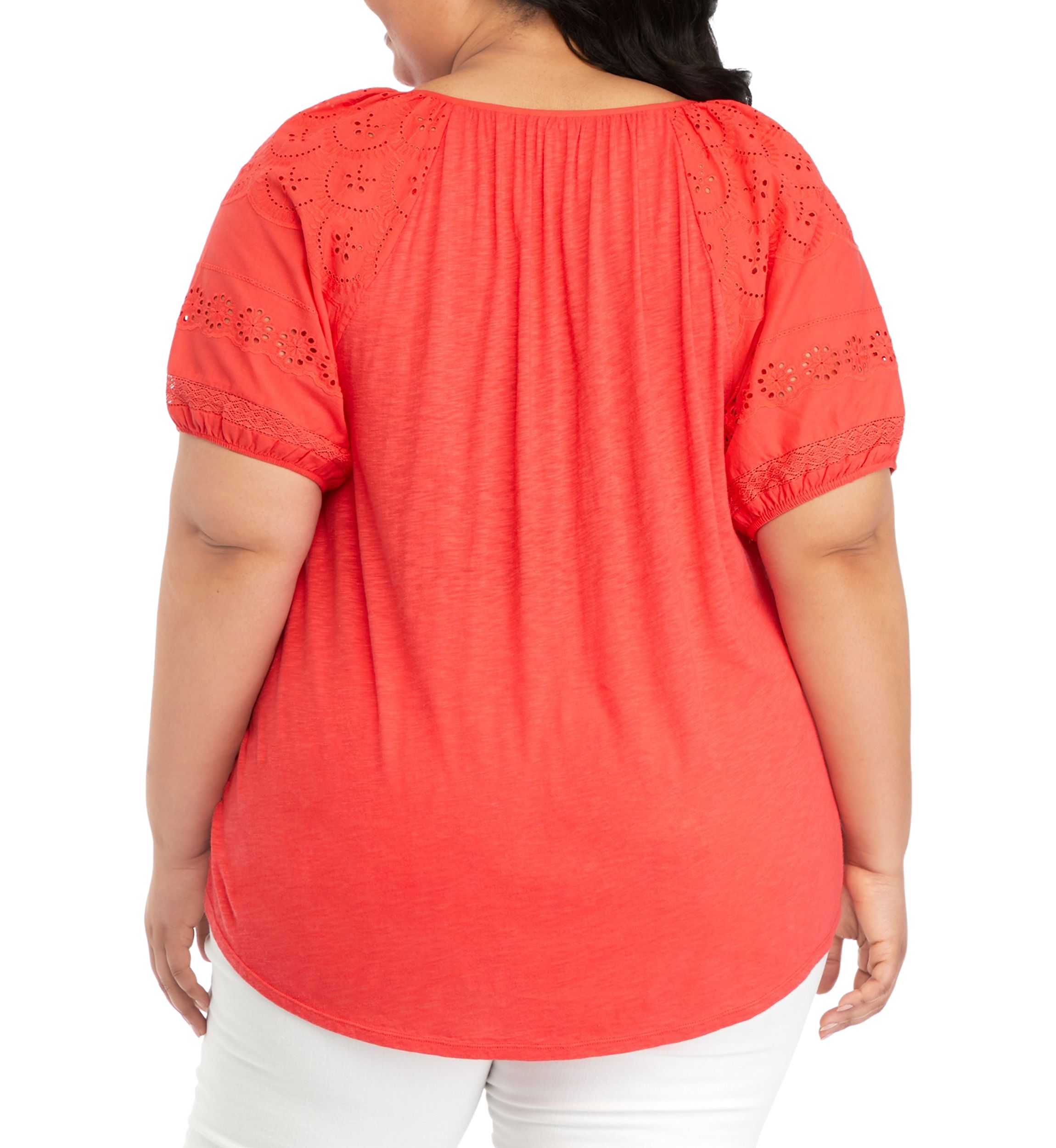 Plus Size Short Sleeve Eyelet Yoke Top
