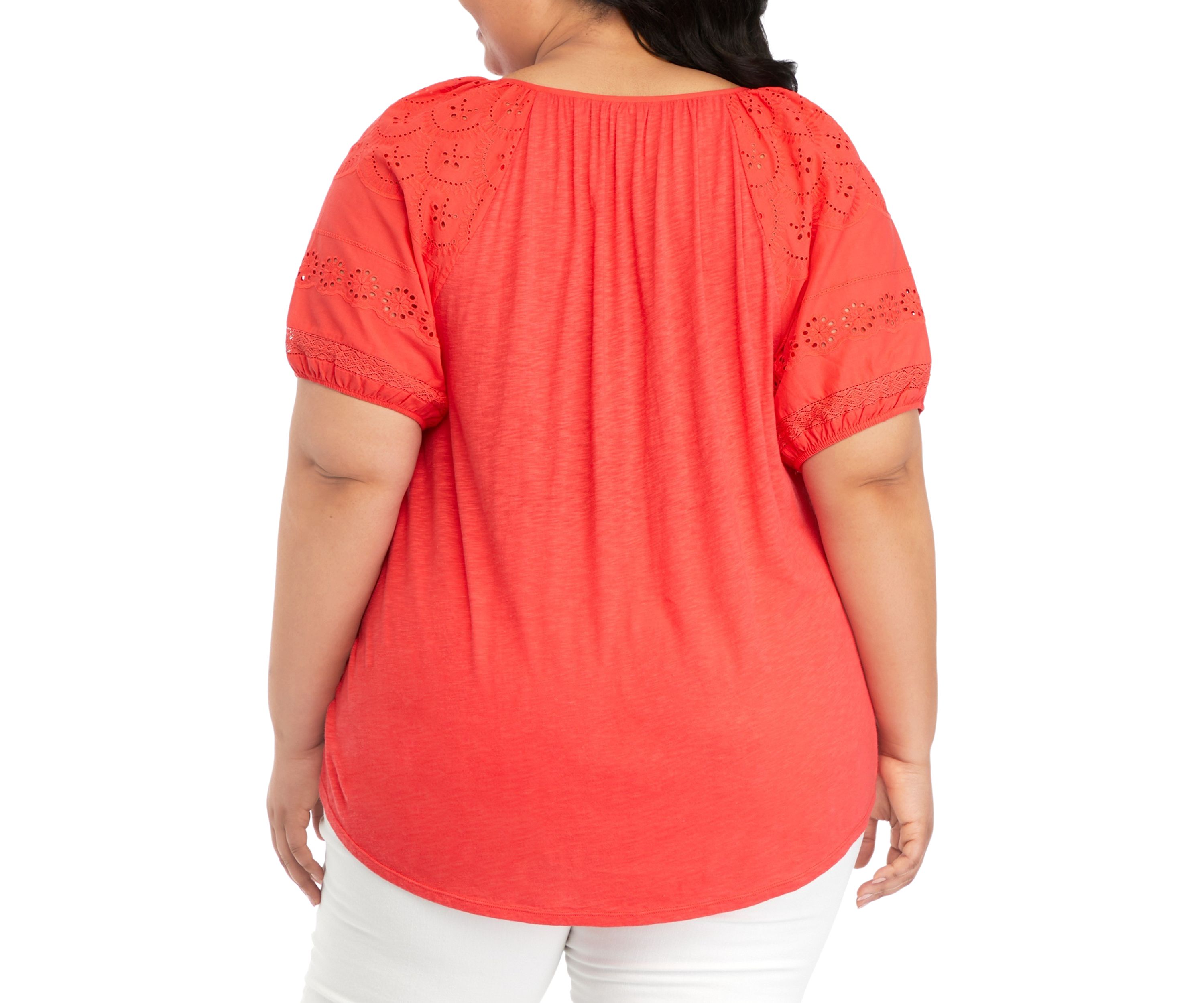 Plus Size Short Sleeve Eyelet Yoke Top