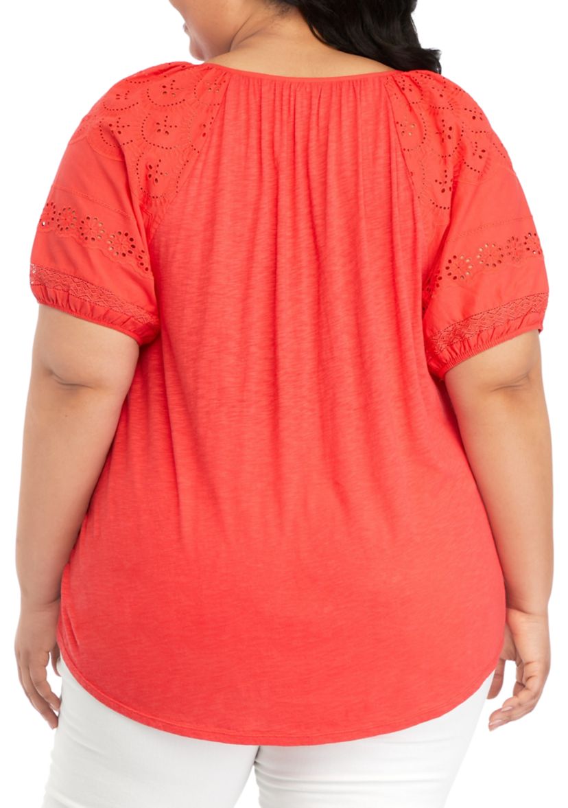 Plus Size Short Sleeve Eyelet Yoke Top