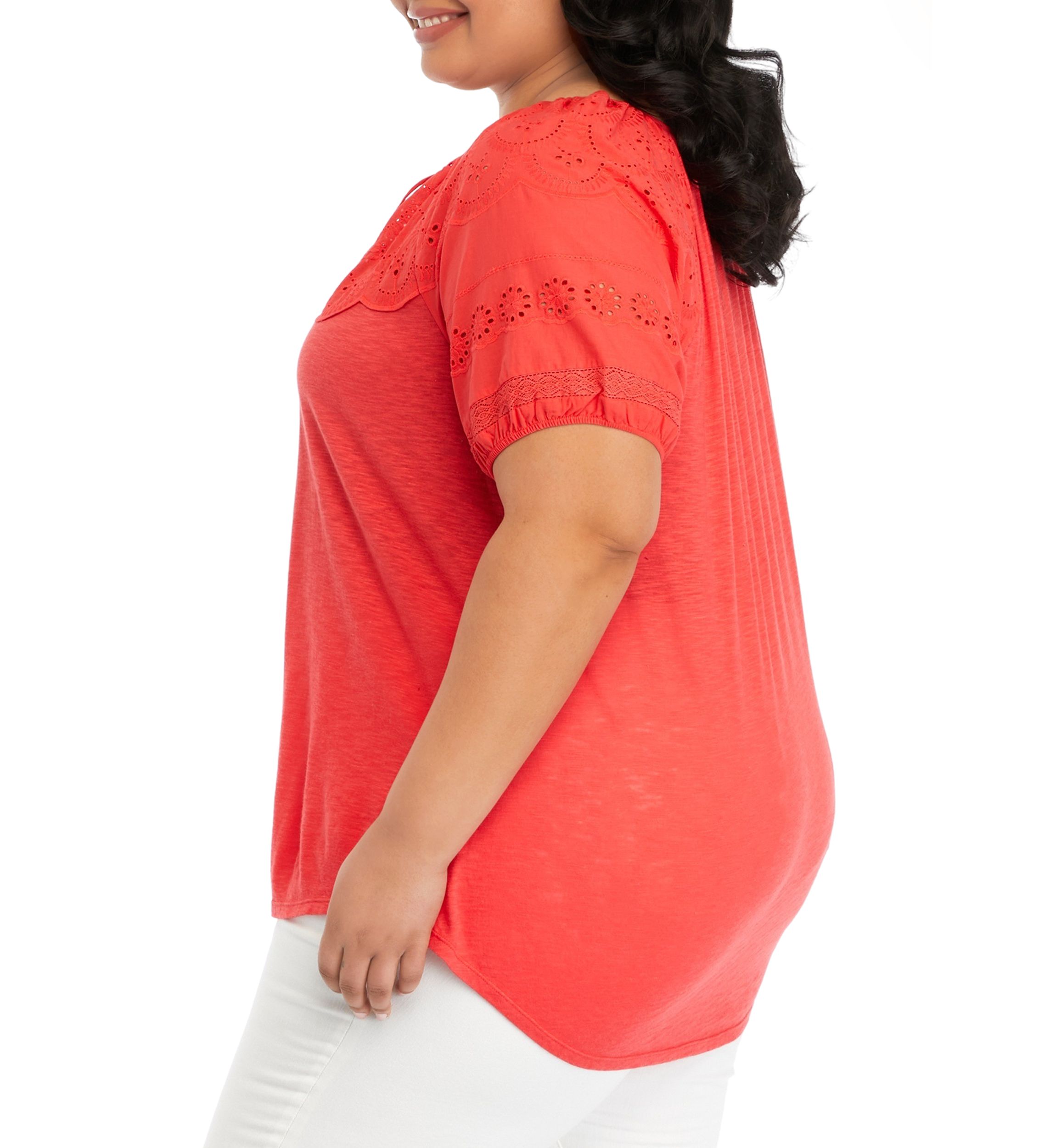 Plus Size Short Sleeve Eyelet Yoke Top