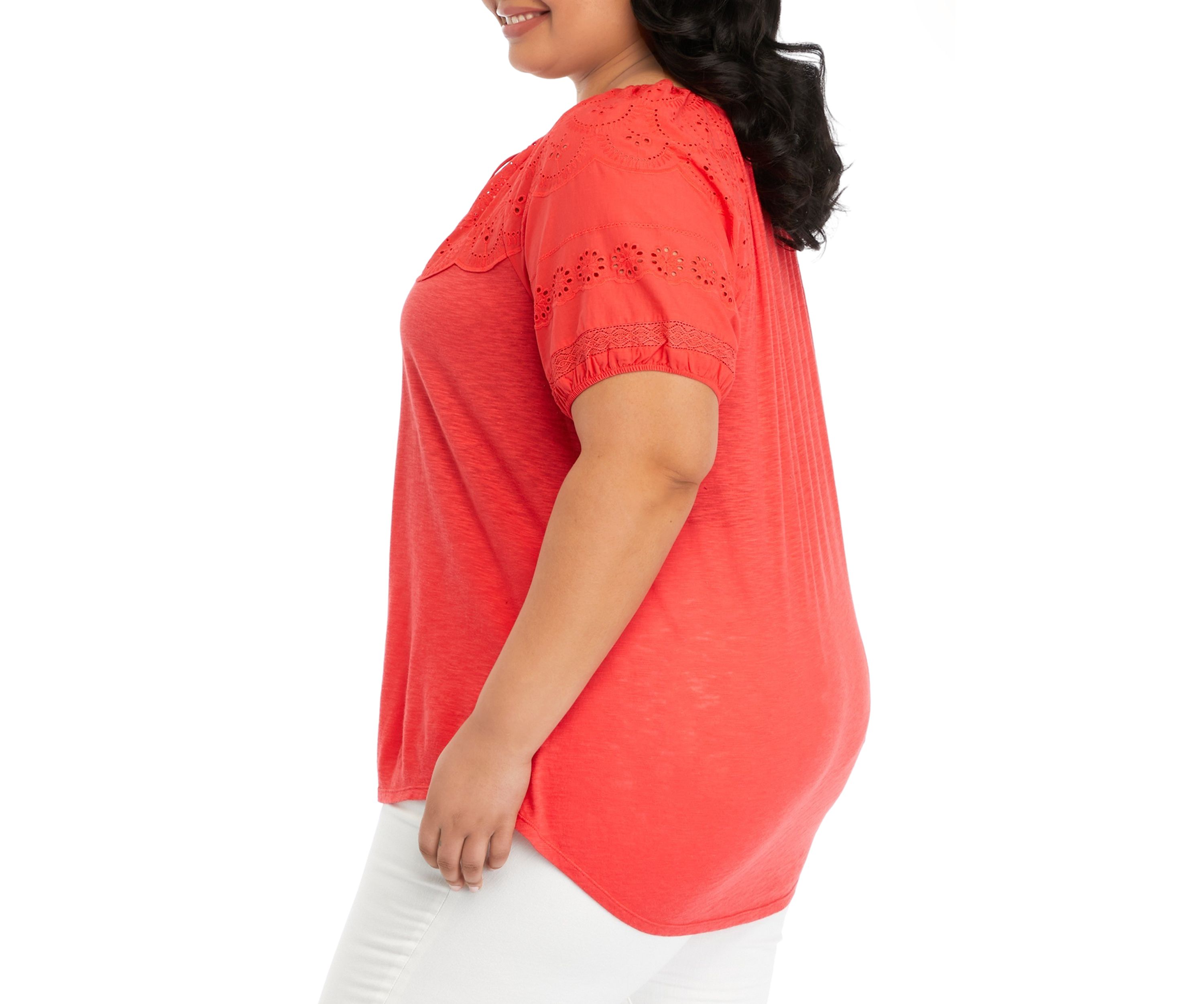 Plus Size Short Sleeve Eyelet Yoke Top