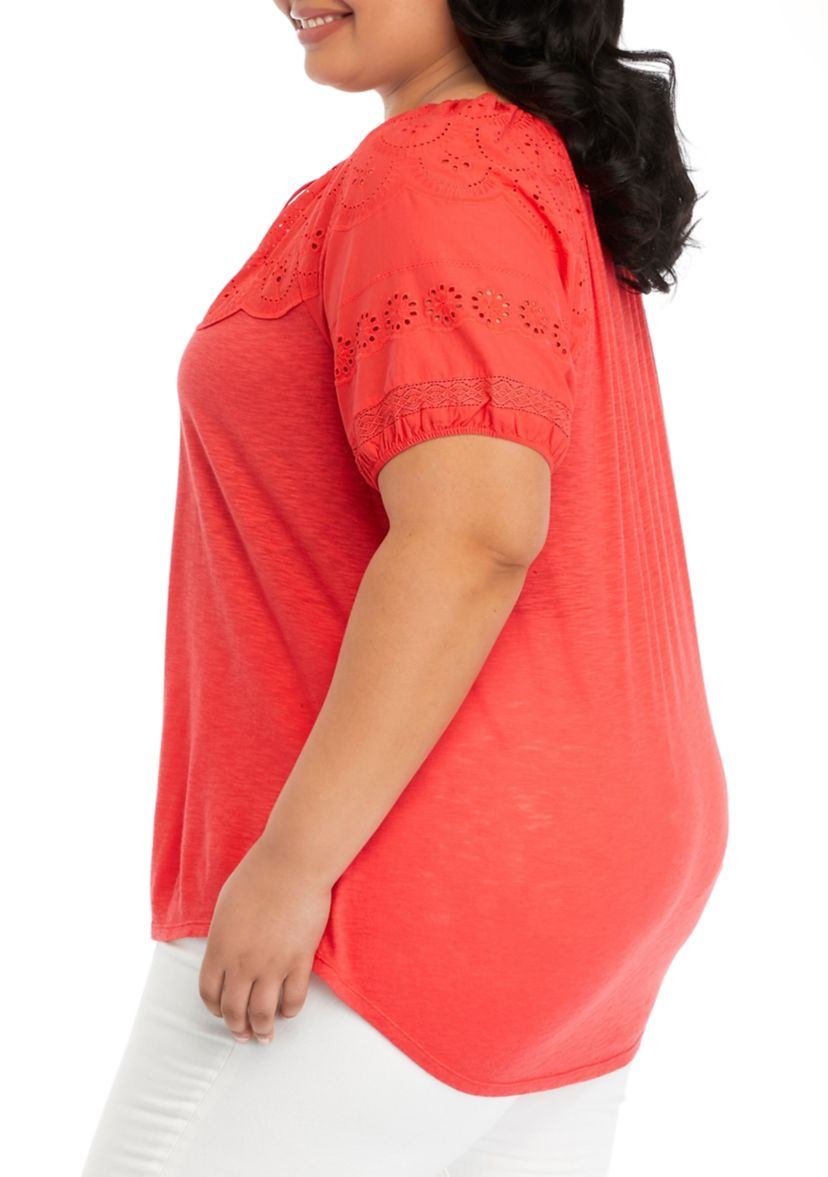 Plus Size Short Sleeve Eyelet Yoke Top