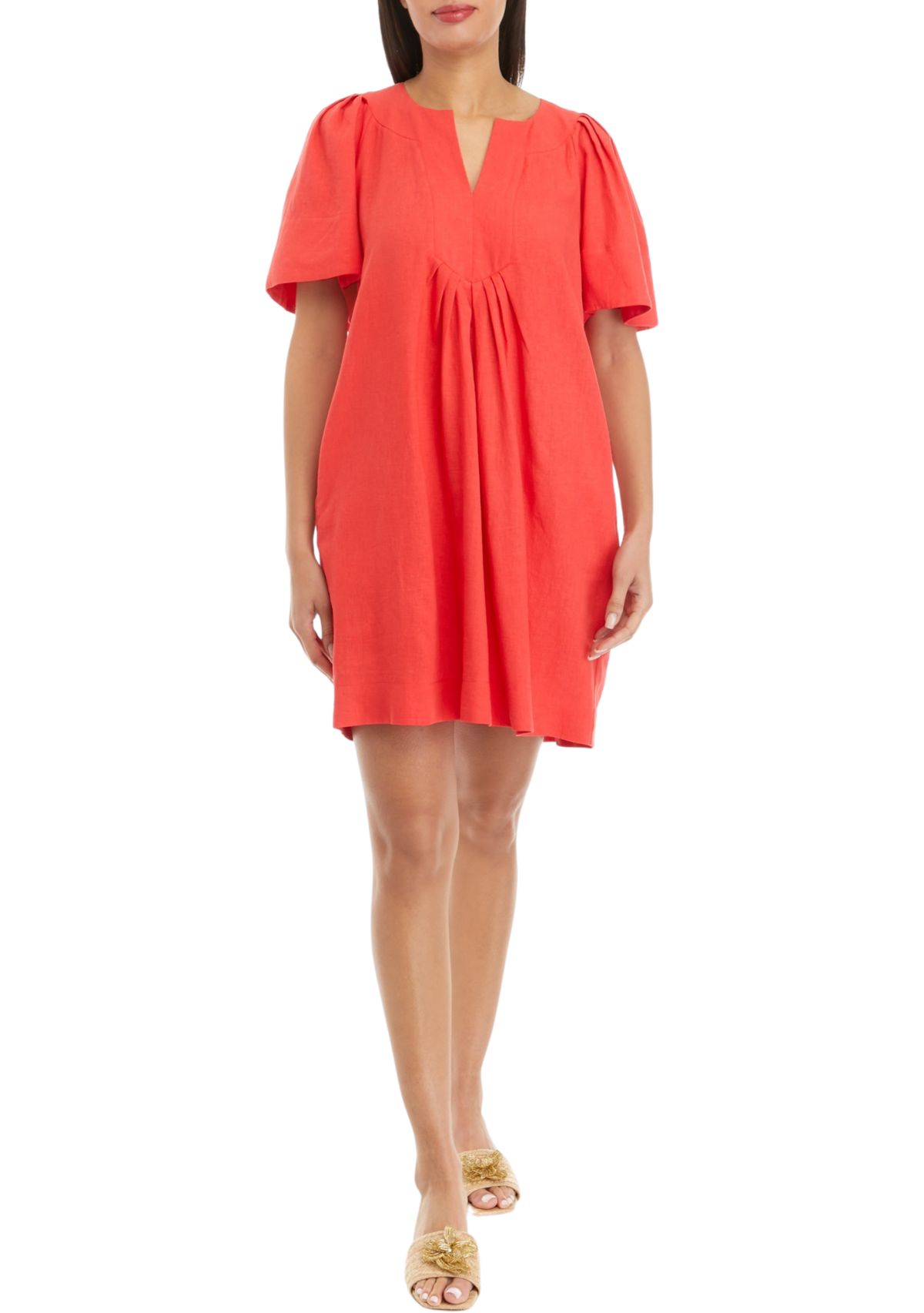 Womens Split Neck Flare Sleeve Linen Dress