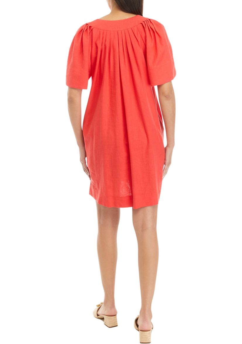 Womens Split Neck Flare Sleeve Linen Dress