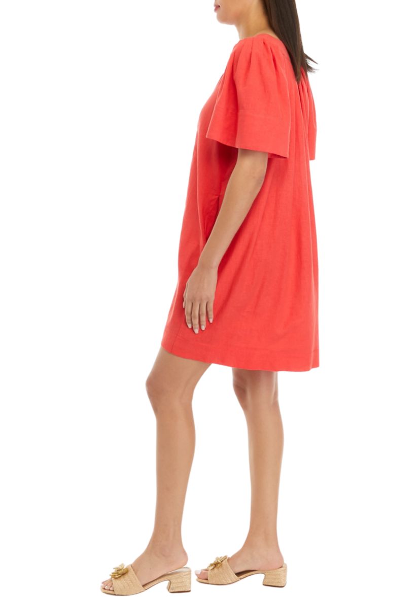 Womens Split Neck Flare Sleeve Linen Dress