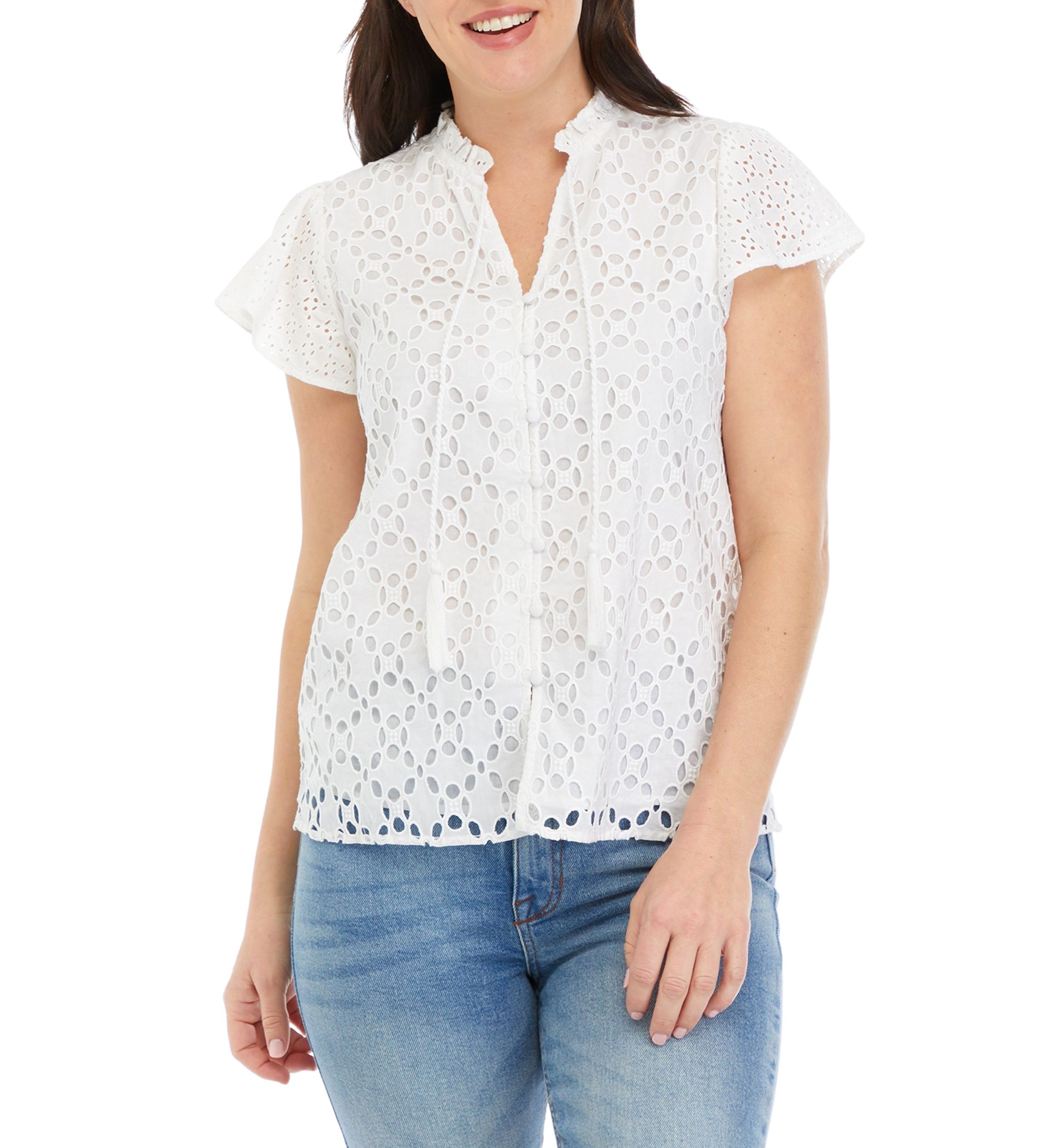 Womens Ruffle Sleeve Eyelet Blouse