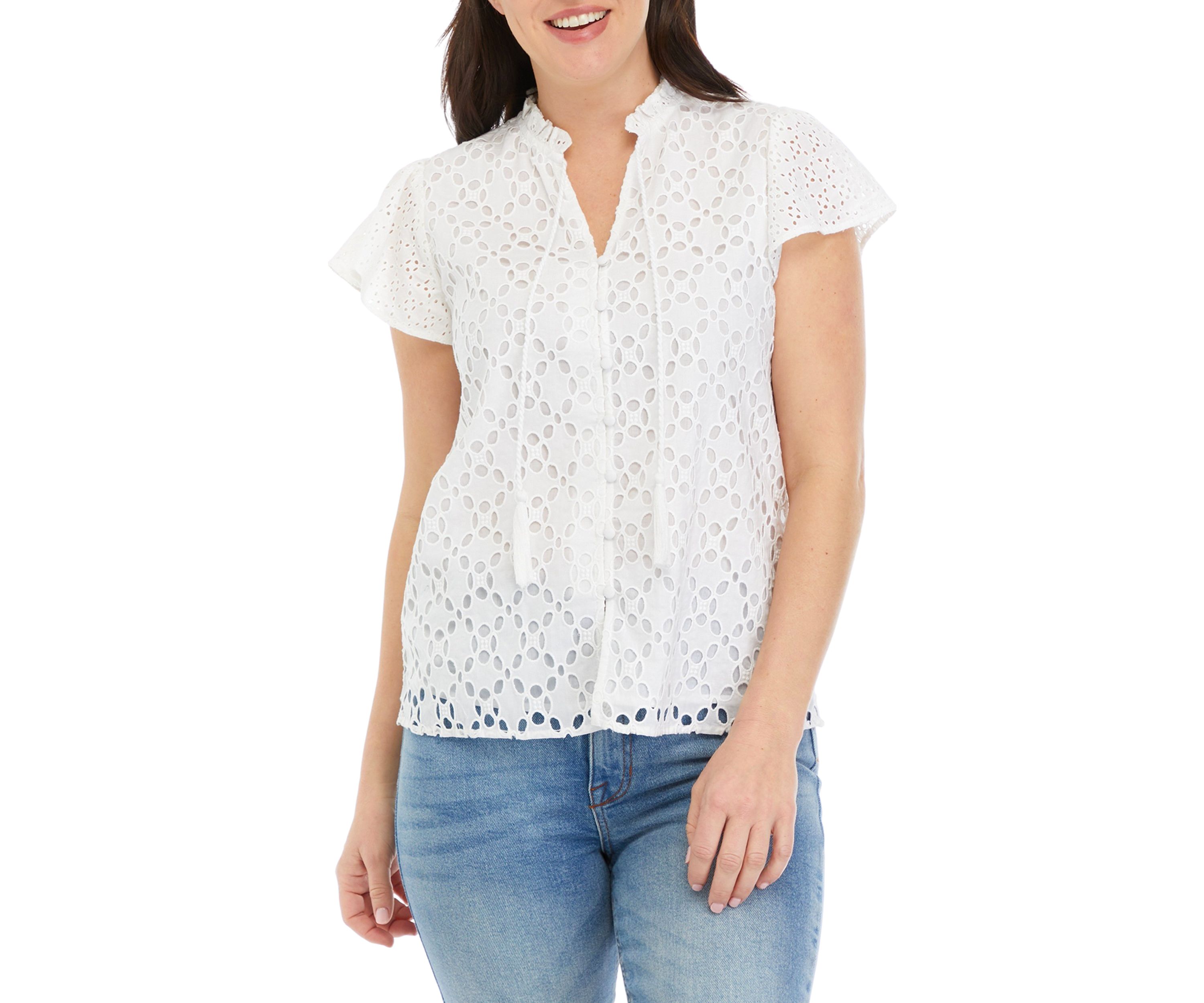 Womens Ruffle Sleeve Eyelet Blouse