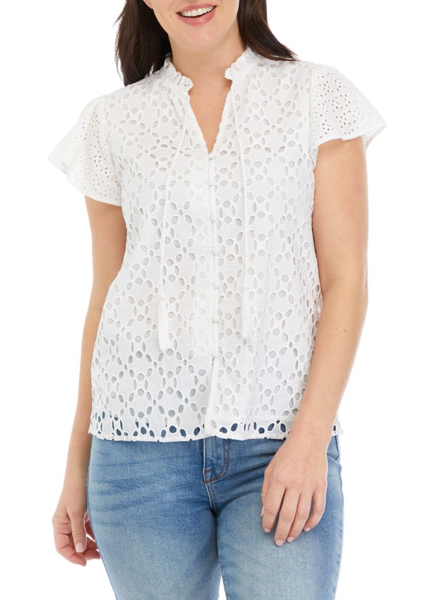 Womens Ruffle Sleeve Eyelet Blouse