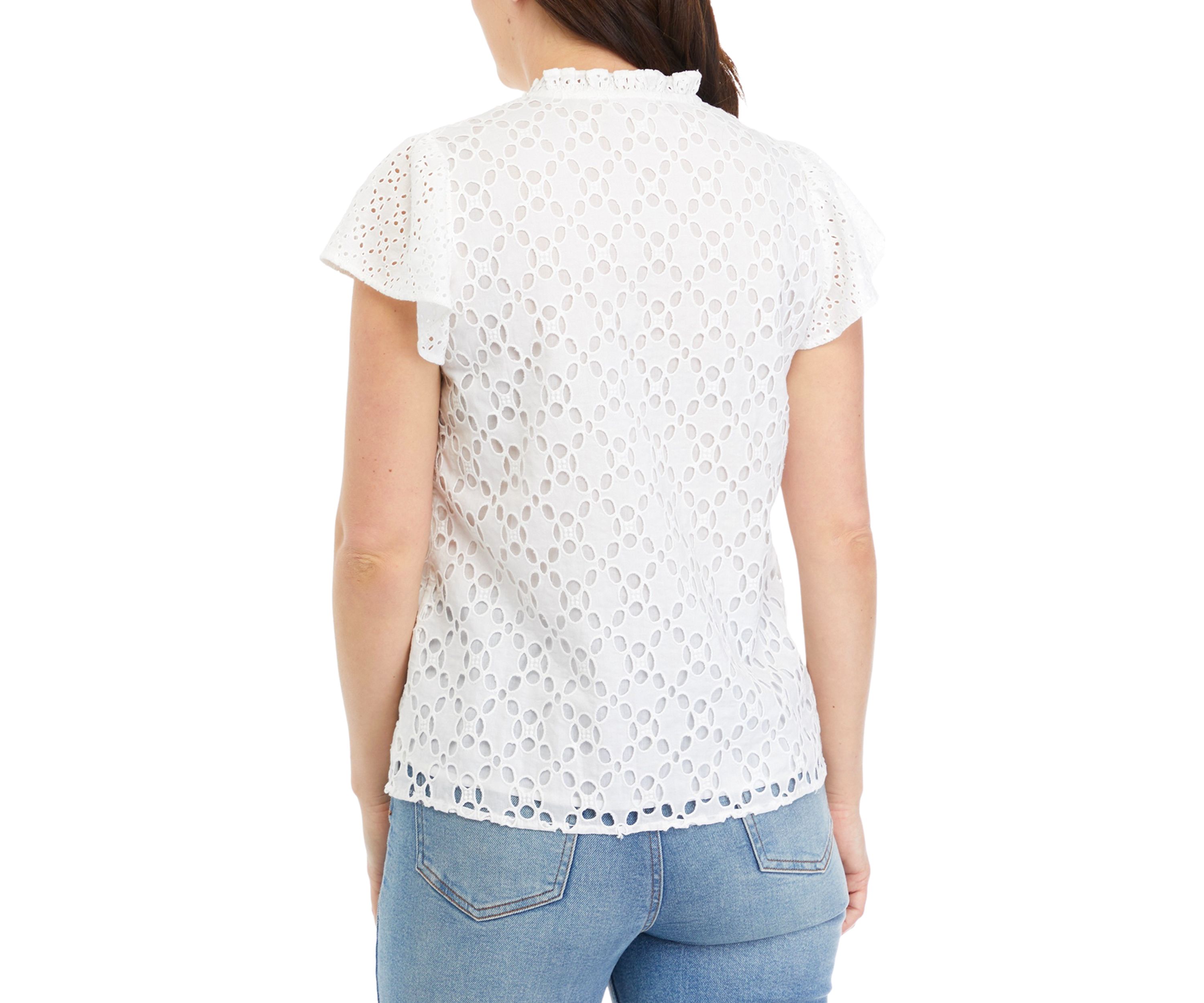 Womens Ruffle Sleeve Eyelet Blouse