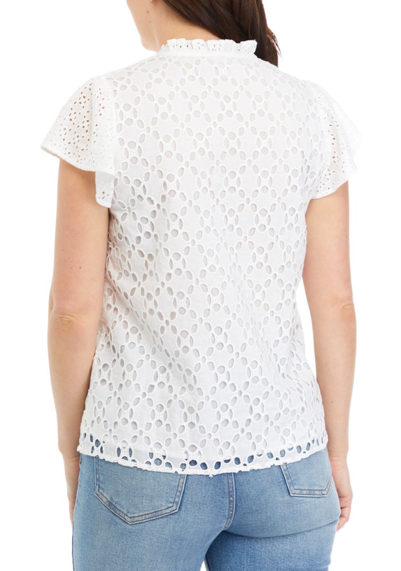 Womens Ruffle Sleeve Eyelet Blouse