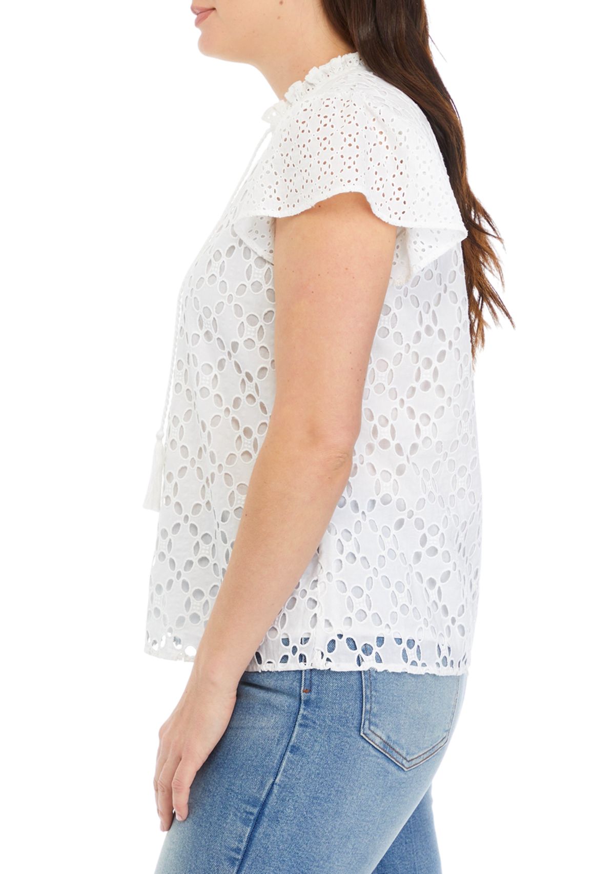 Womens Ruffle Sleeve Eyelet Blouse